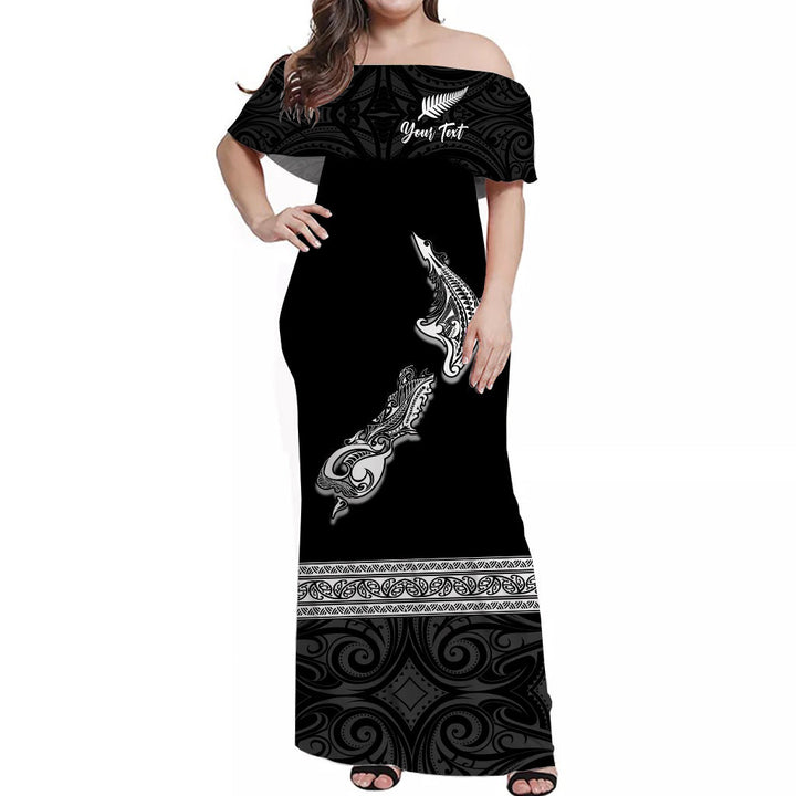 (Custom Personalised) New Zealand Off Shoulder Long Dress Maori Fern and Map Black LT13