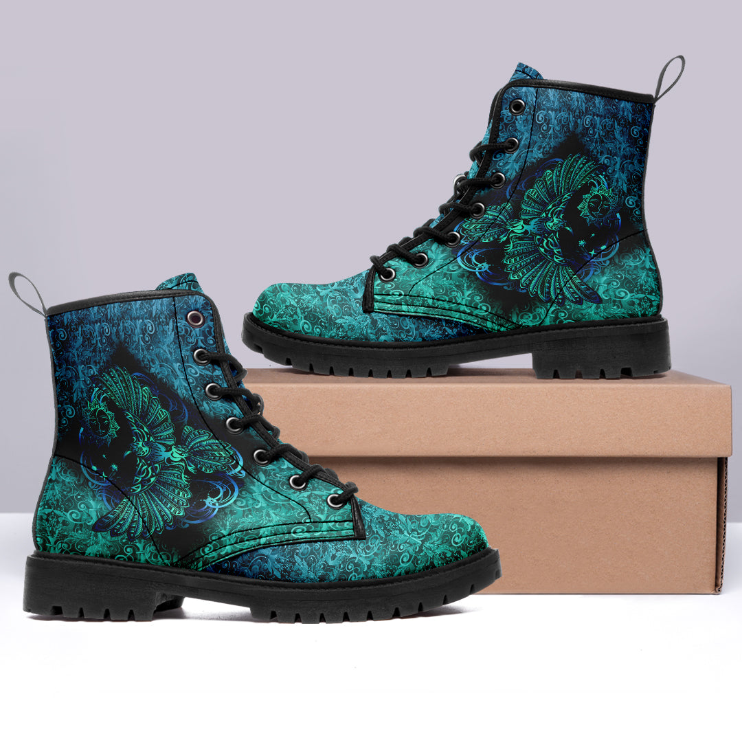 Viking Leather Boots Odin's Celtic Raven on the Background Yggdrasil Tree Cyan Celtic Tattoo