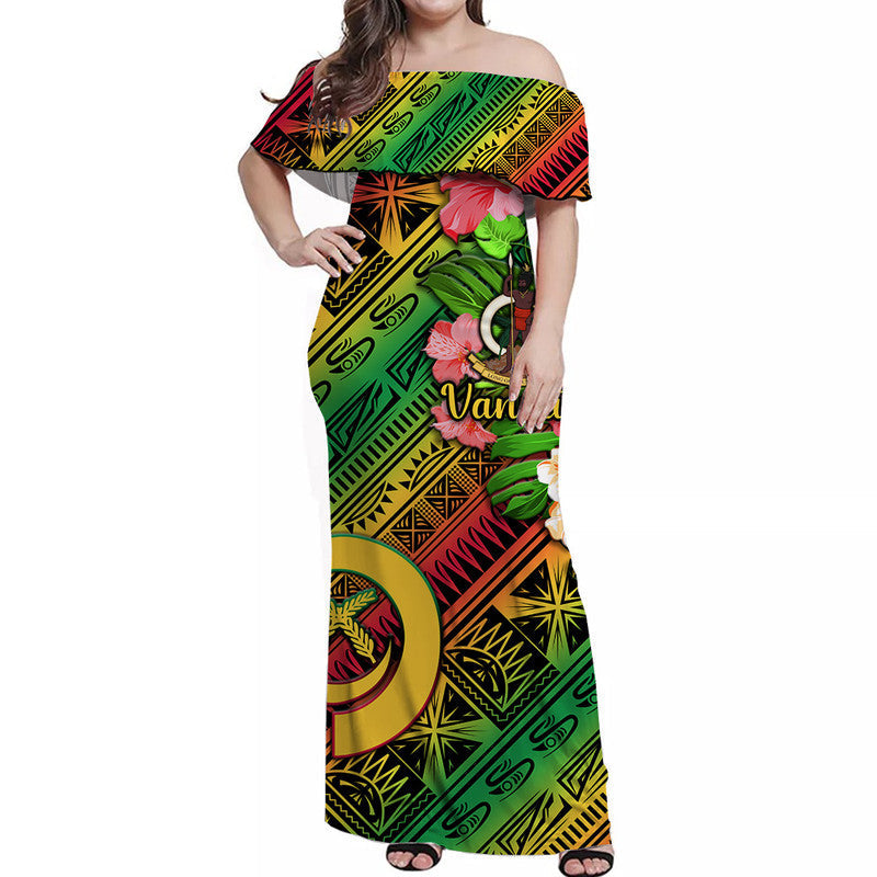 (Custom Personalised) Vanuatu Off Shoulder Long Dress Independence Be Proud Vanuatu Flag - Gradient Vibes LT8