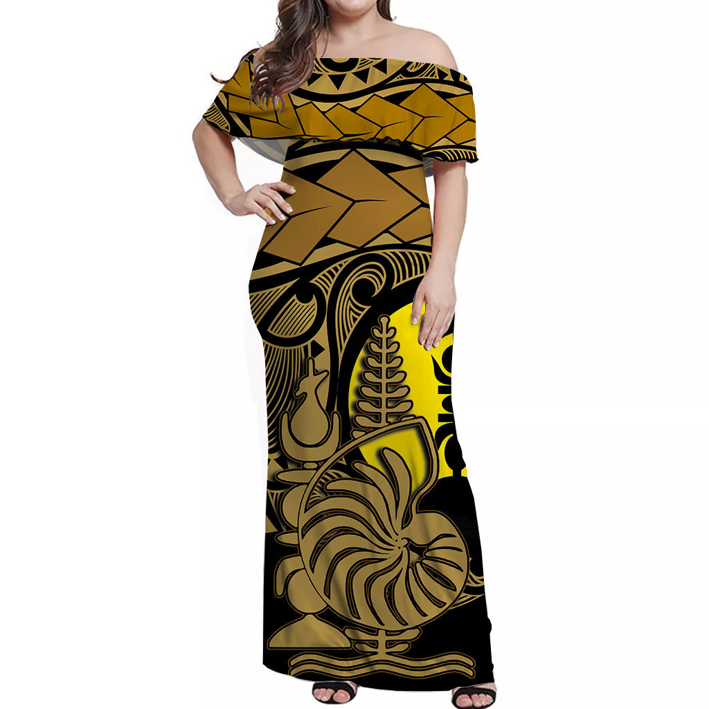 New Caledonia Off Shoulder Long Dress Gold Color LT6