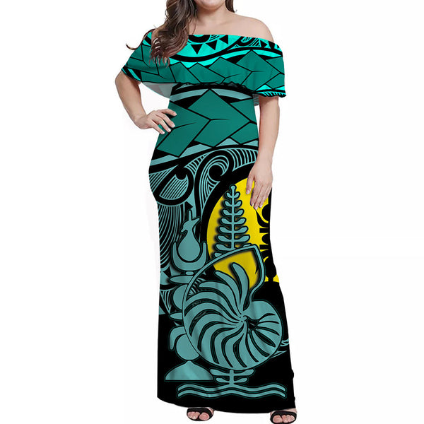 New Caledonia Off Shoulder Long Dress Turquoise Color LT6