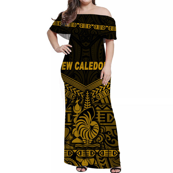 New Caledonia Off Shoulder Long Dress Simple Style - Gold LT8