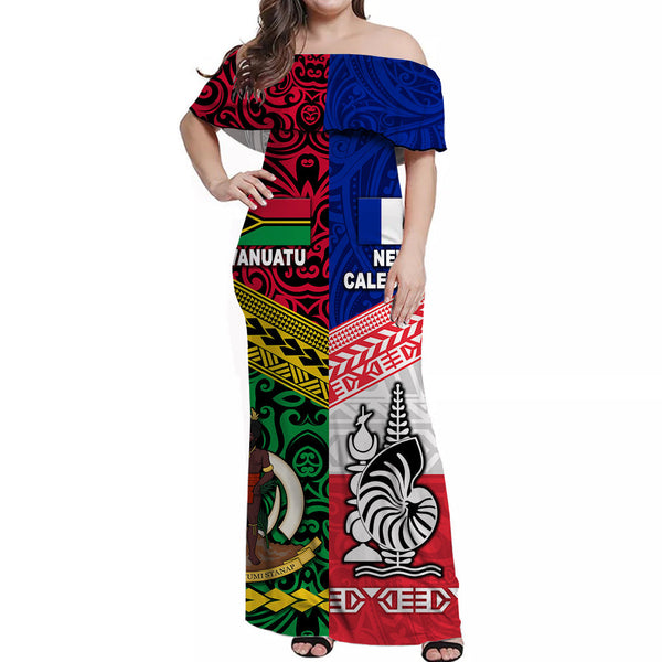 Vanuatu And New Caledonia Flag Style Off Shoulder Long Dress Together LT8