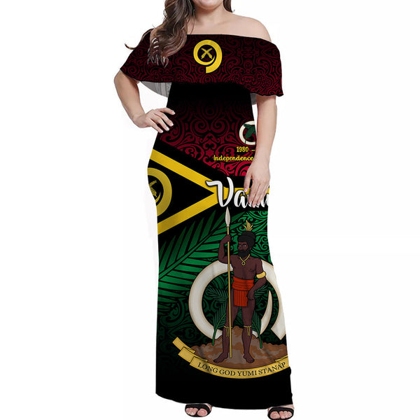 Vanuatu Special Independence Anniversary Off Shoulder Long Dress Original Flag Style LT8