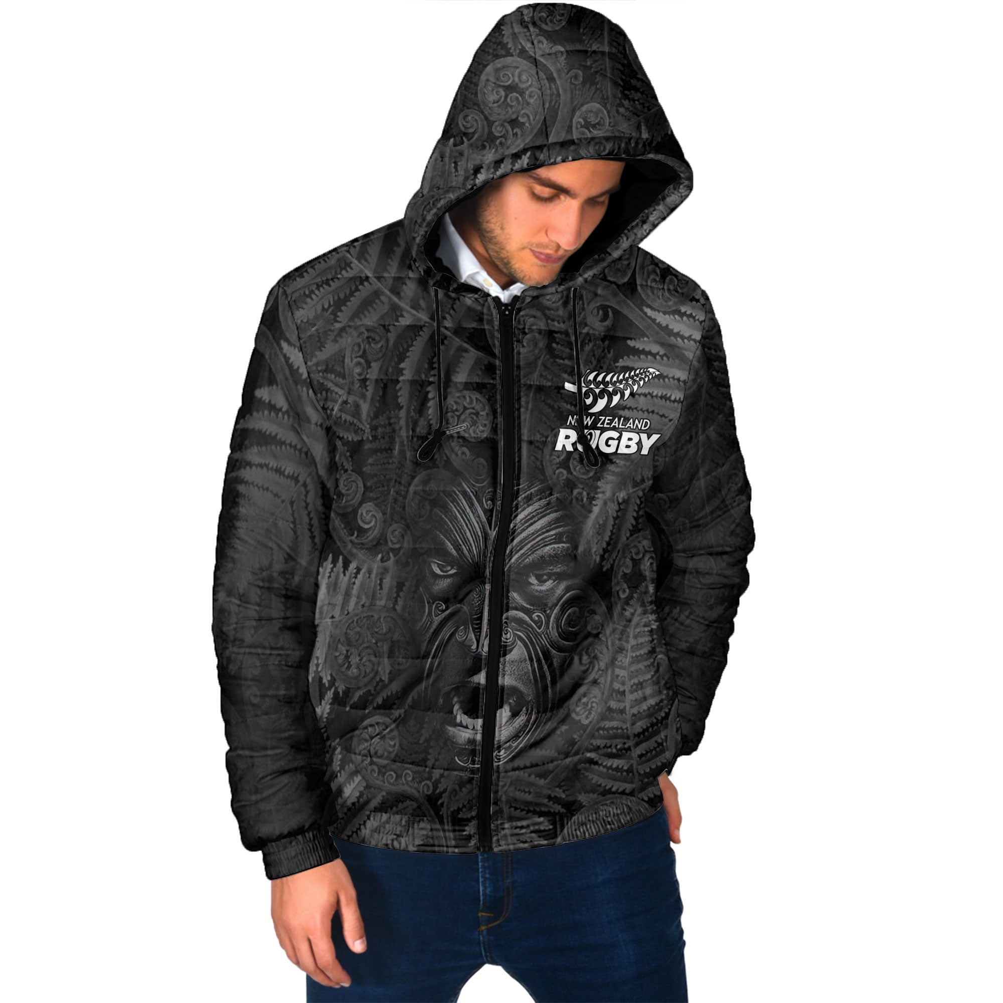 Custom New Zealand Rugby Men Hooded Padded Jacket Silver Fern & Maori Warrior Style