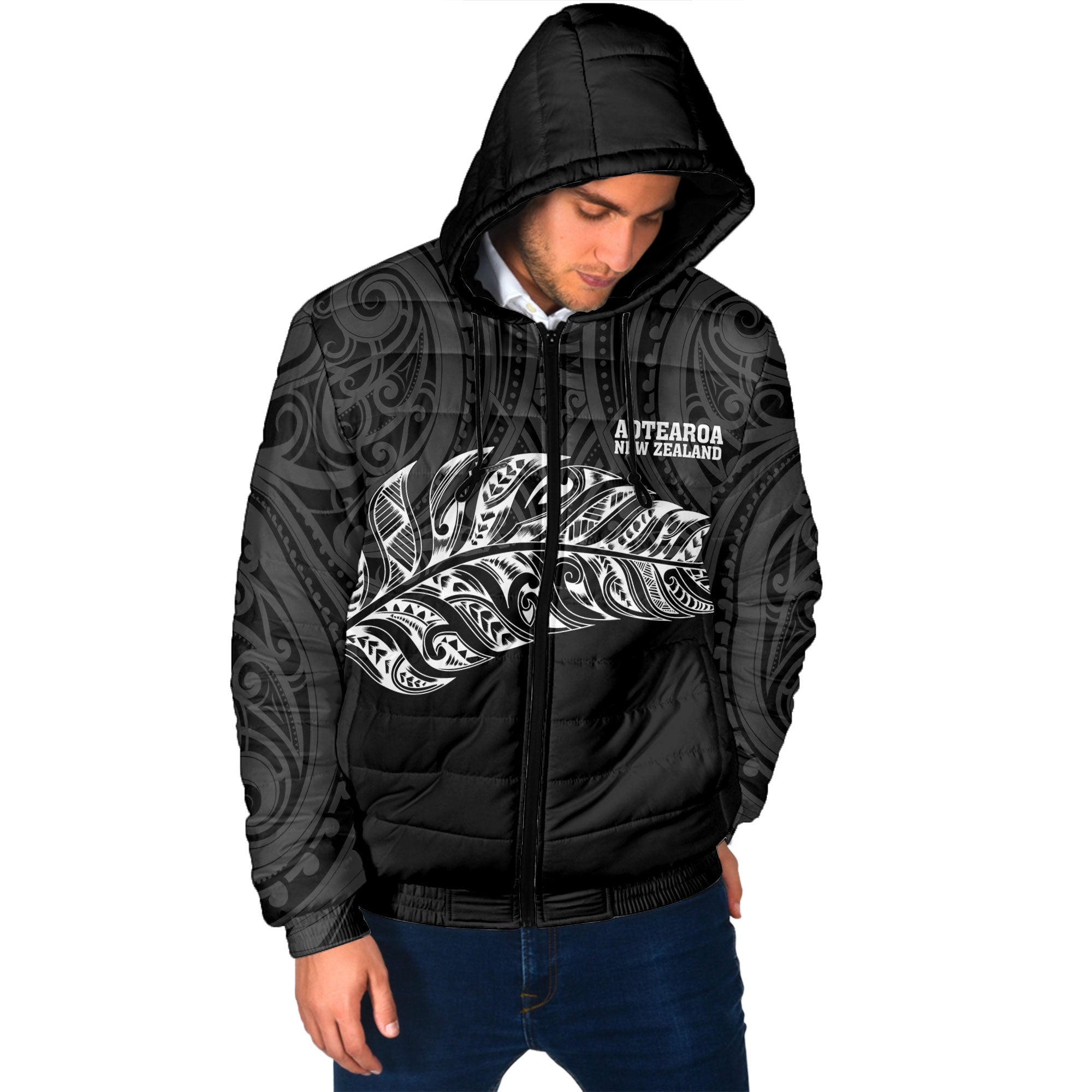 New Zealand Men Hooded Padded Jacket Aotearoa Polynesian Silver Fern ...
