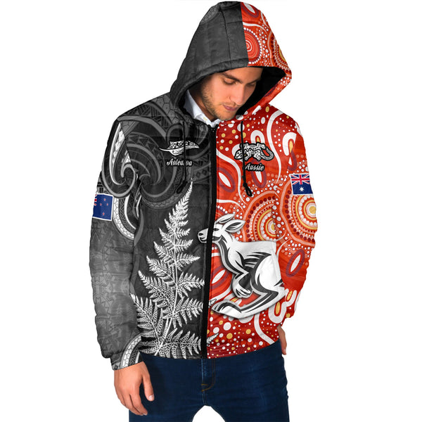 Custom New Zealand Rugby Men Hooded Padded Jacket Aotearoa Silver Fern & Aussie Kangaroo Maori & Aboriginal - LH1