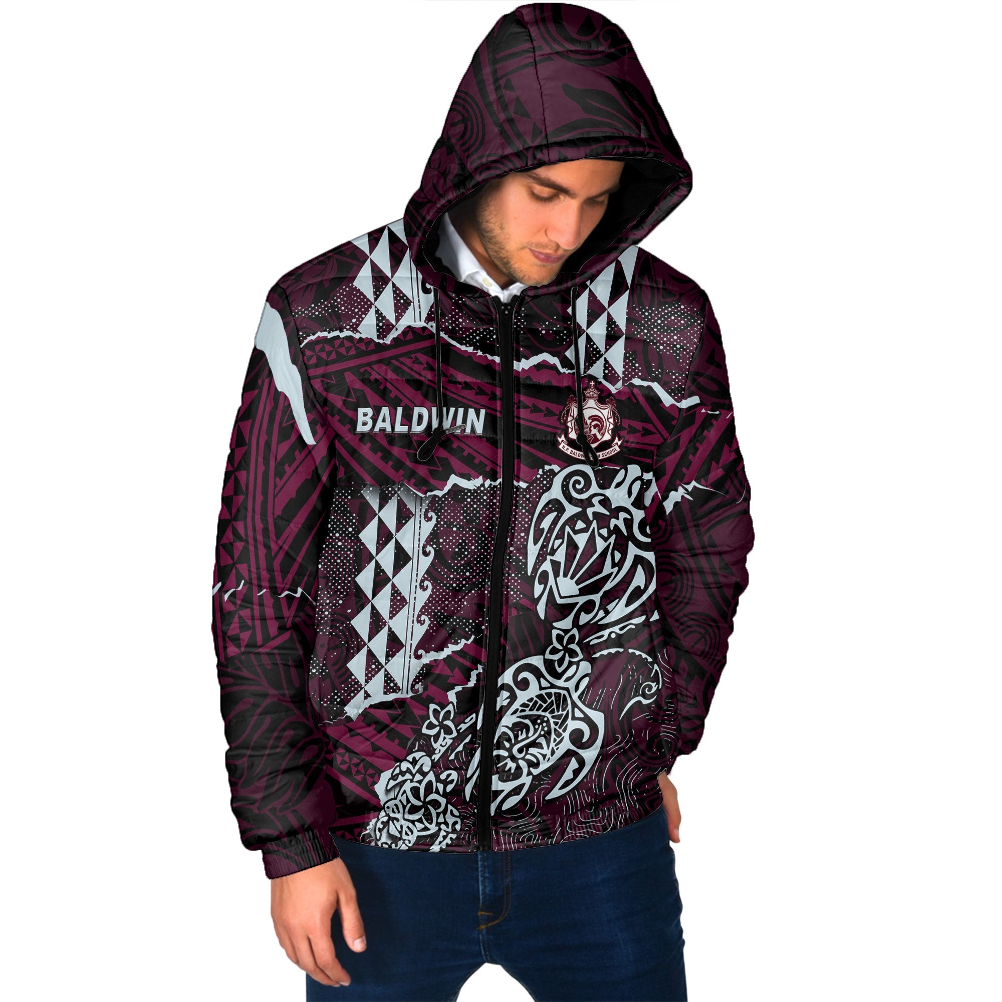 Hawaii Baldwin High School Custom Men Hooded Padded Jacket Polynesian Turtle Style