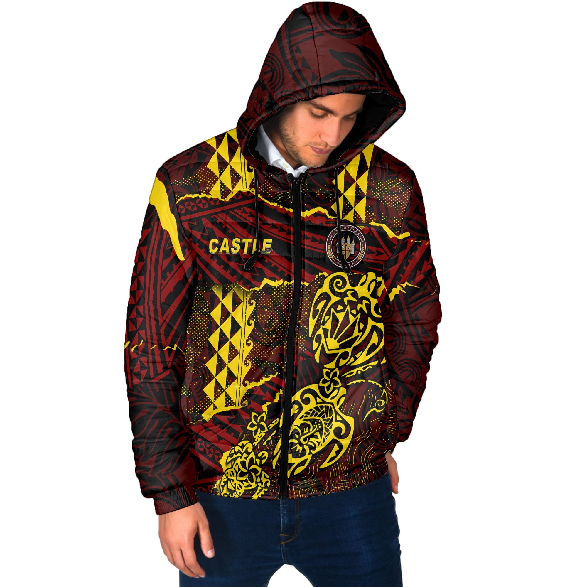 Hawaii Castle High School Custom Men Hooded Padded Jacket Polynesian Turtle Style