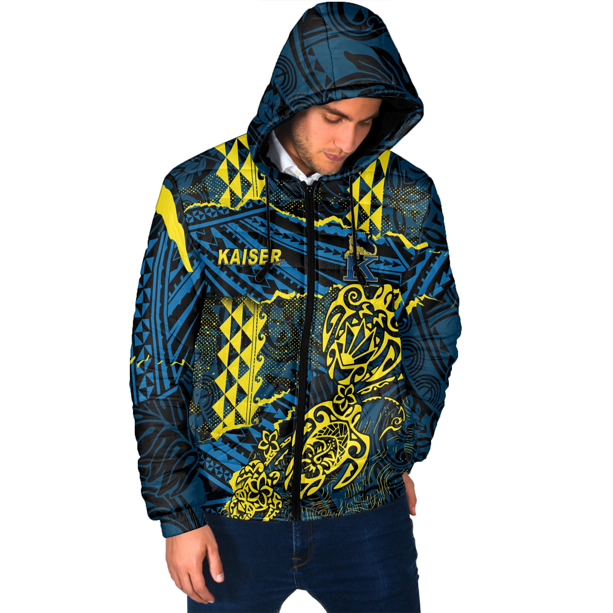 Hawaii Kaiser High School Custom Men Hooded Padded Jacket Polynesian Turtle Style