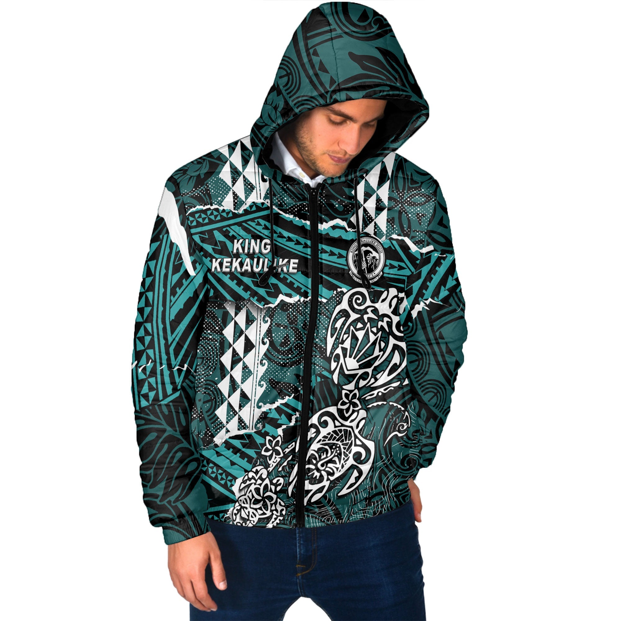 Hawaii King Kekaulike High School Custom Men Hooded Padded Jacket Polynesian Turtle Style