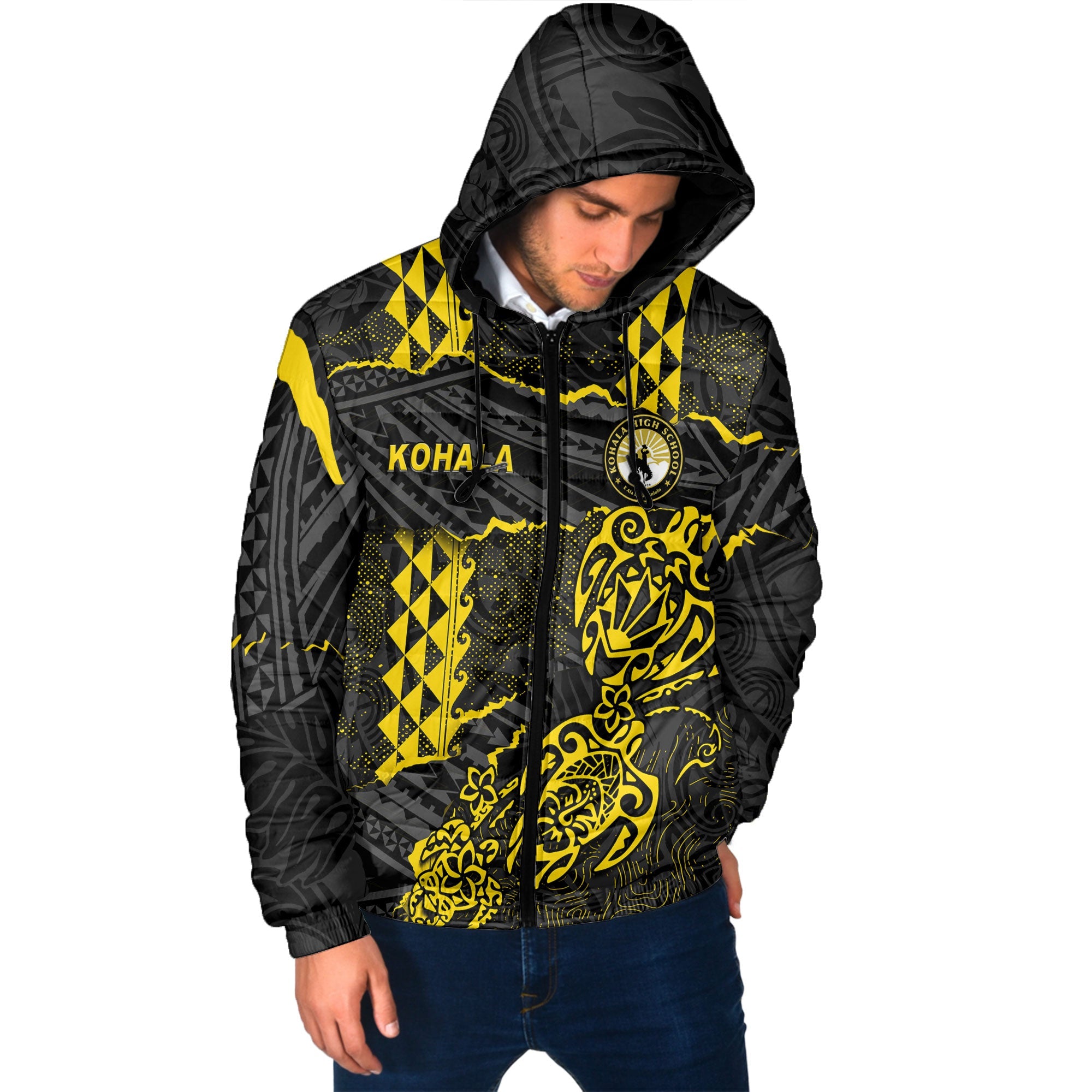 Hawaii Kohala High School Custom Men Hooded Padded Jacket Polynesian Turtle Style