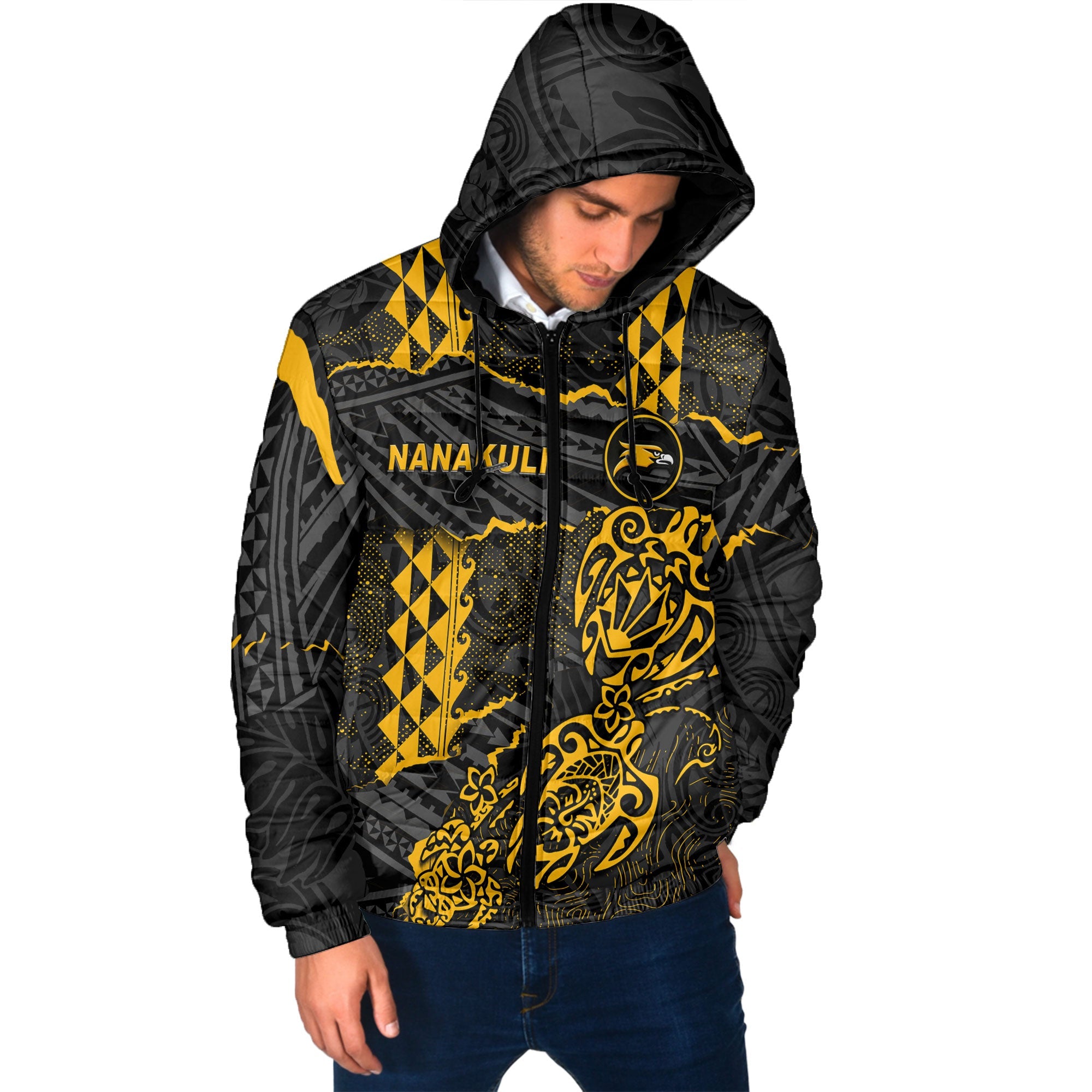 Hawaii Nanakuli High School Custom Men Hooded Padded Jacket Polynesian Turtle Style