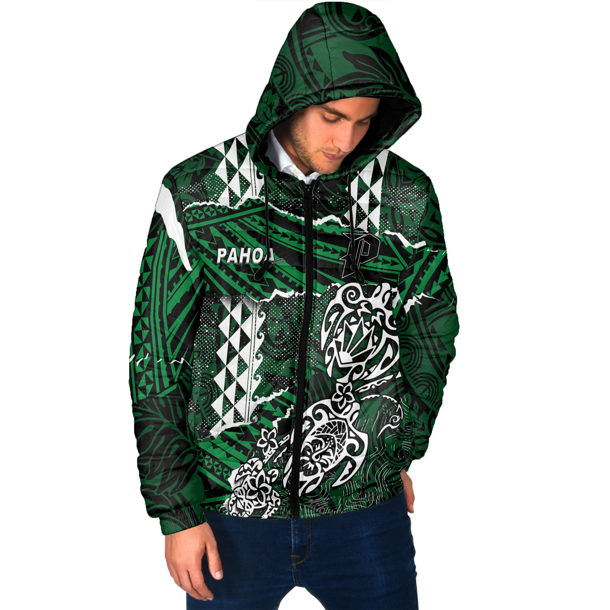 Hawaii Pahoa High & Intermediate School Custom Men Hooded Padded Jacket Polynesian Turtle Style