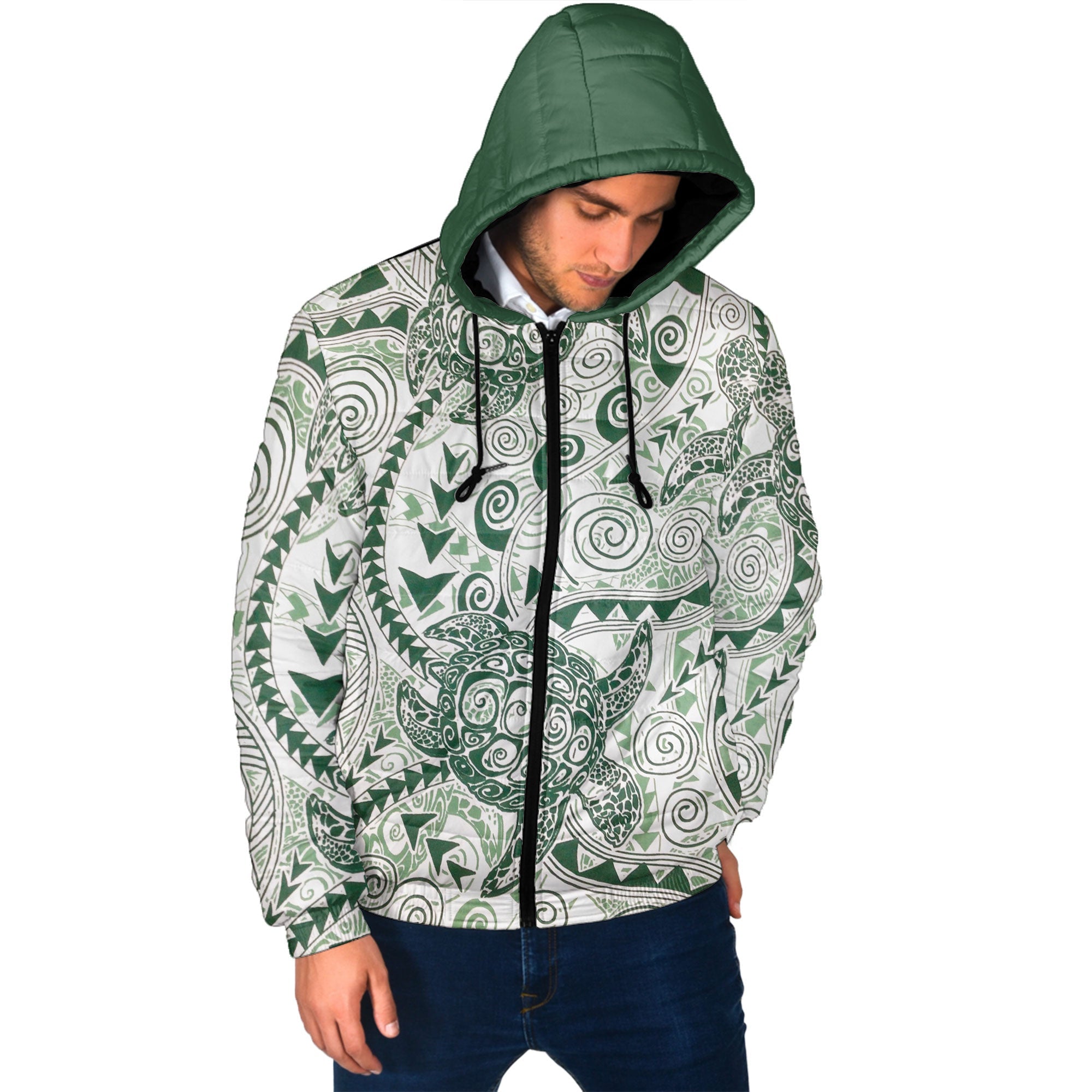 Hawaii Polynesian Turtle Men Hooded Padded Jacket Green Style