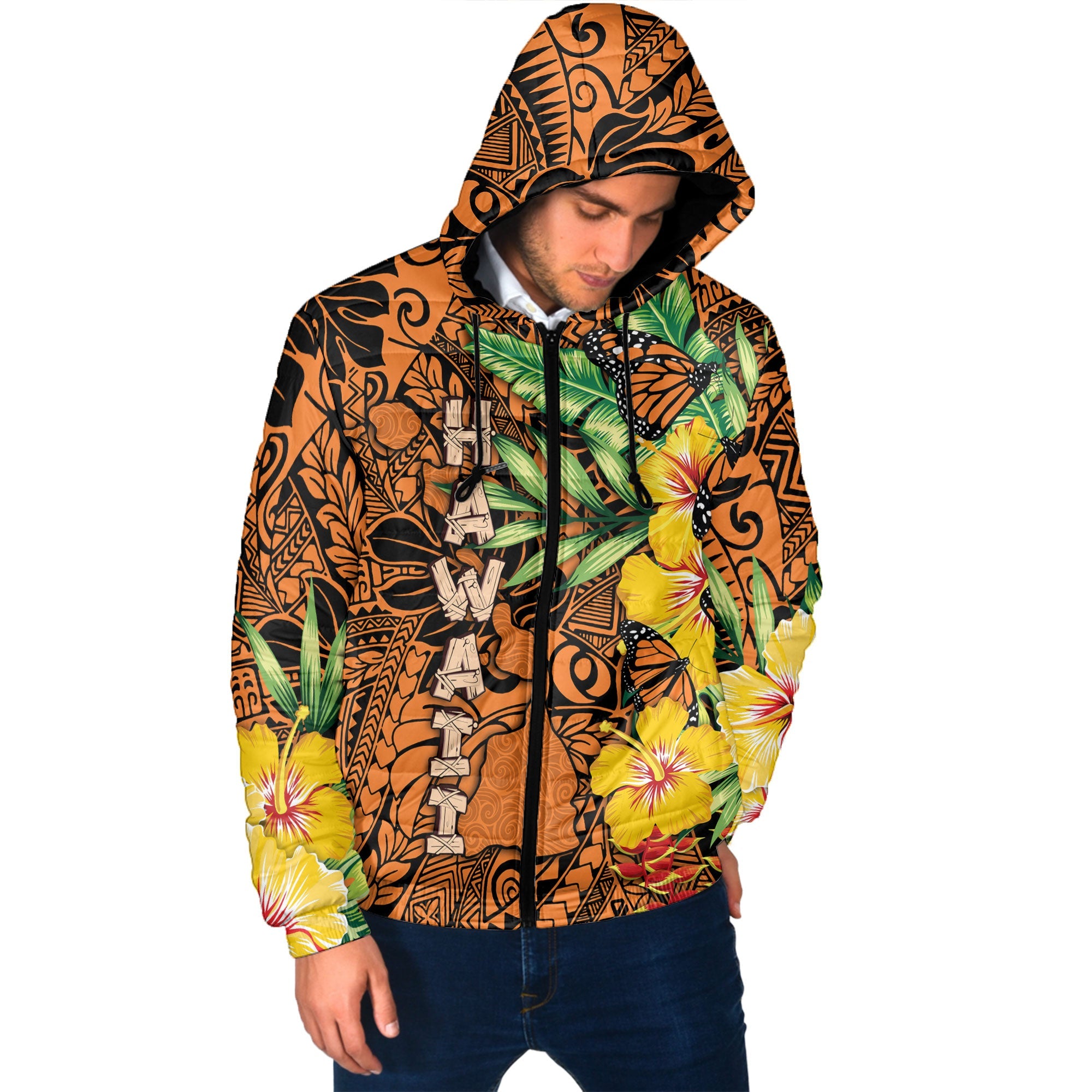 Hawaii Men Hooded Padded Jacket Kamehameha Butterfly Tropical Style