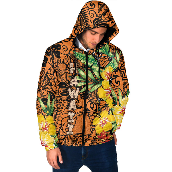 Hawaii Men Hooded Padded Jacket Kamehameha Butterfly Tropical Style