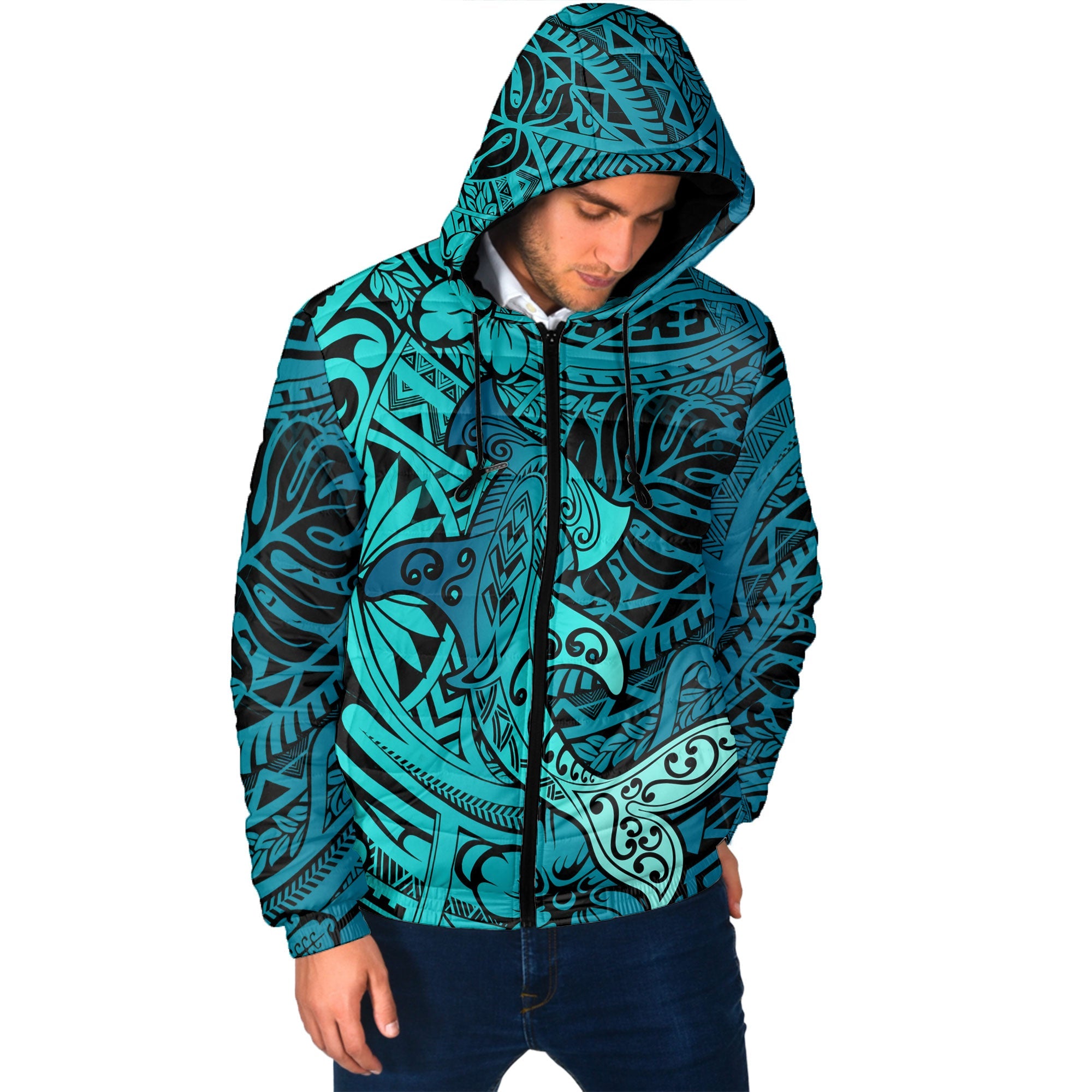 Hawaii Hammerhead Shark Men Hooded Padded Jacket Light See Blue Style