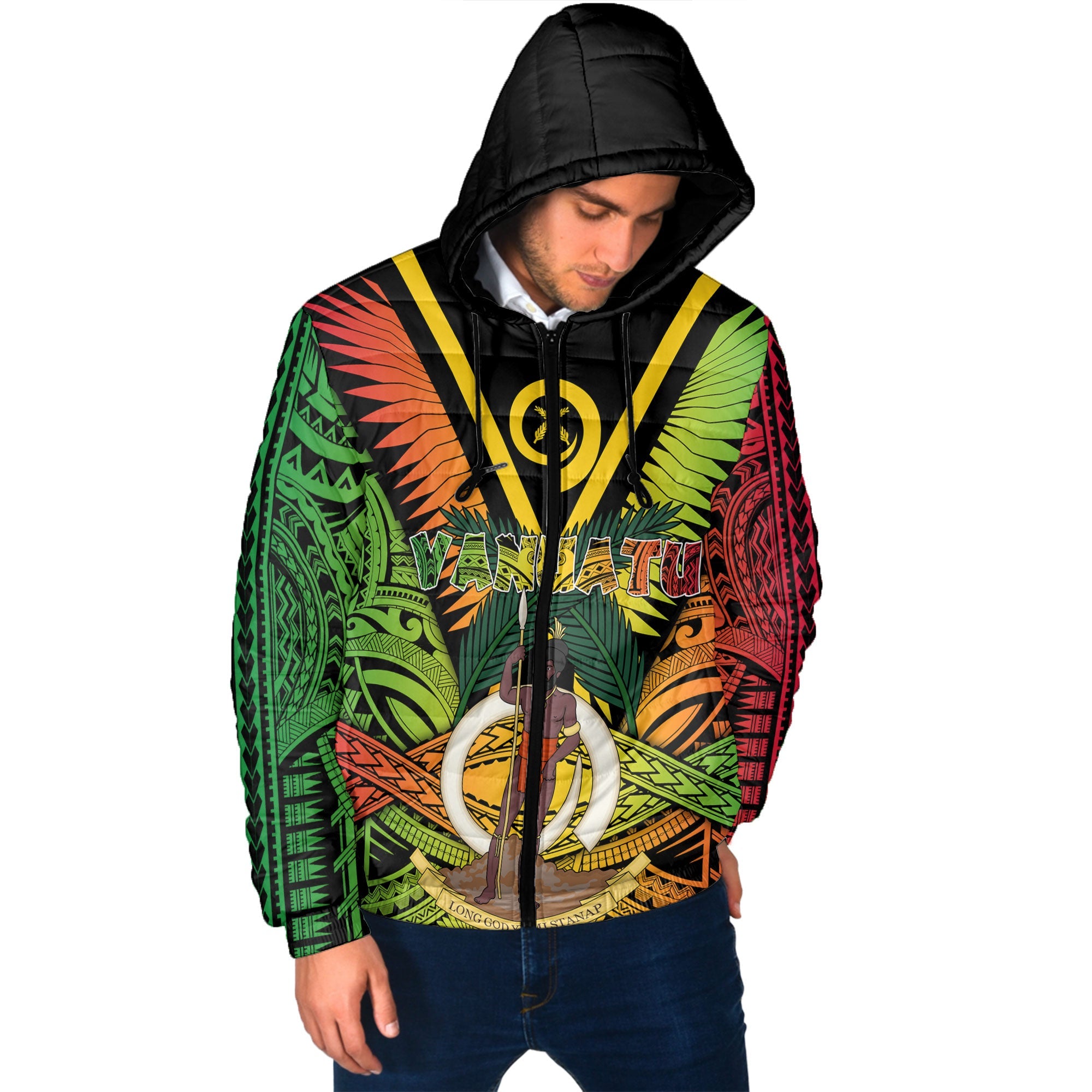 Vanuatu Men Hooded Padded Jacket Coat Of Arms Reggae Style