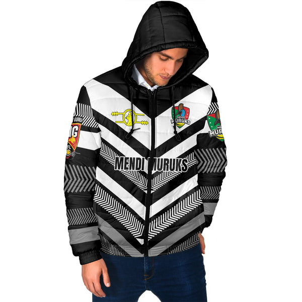 Custom Mendi Muruks Men Hooded Padded Jacket Papua New Guinea Rugby Black & White Style