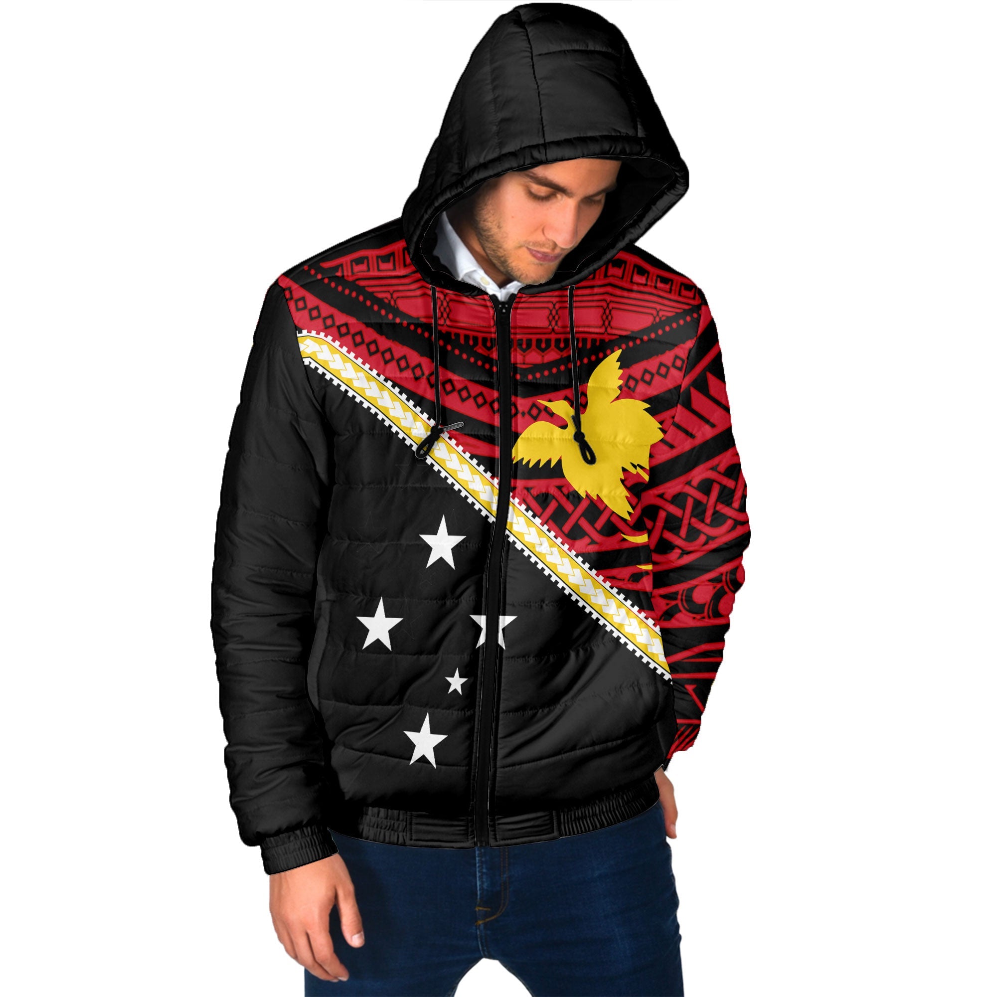 Papua New Guinea Men Hooded Padded Jacket Polynesian Flag Style