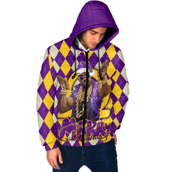 Fraternity Jacket - OPP Christmas Men Hooded Padded Jacket Bulldog Purple Gold Caro Pattern Style