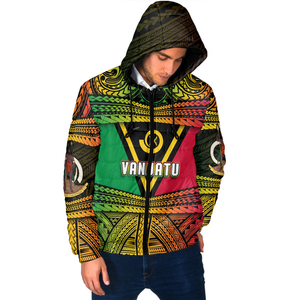 Custom Vanuatu Flag & Coat Of Arms Men Hooded Padded Jacket Reggae Style