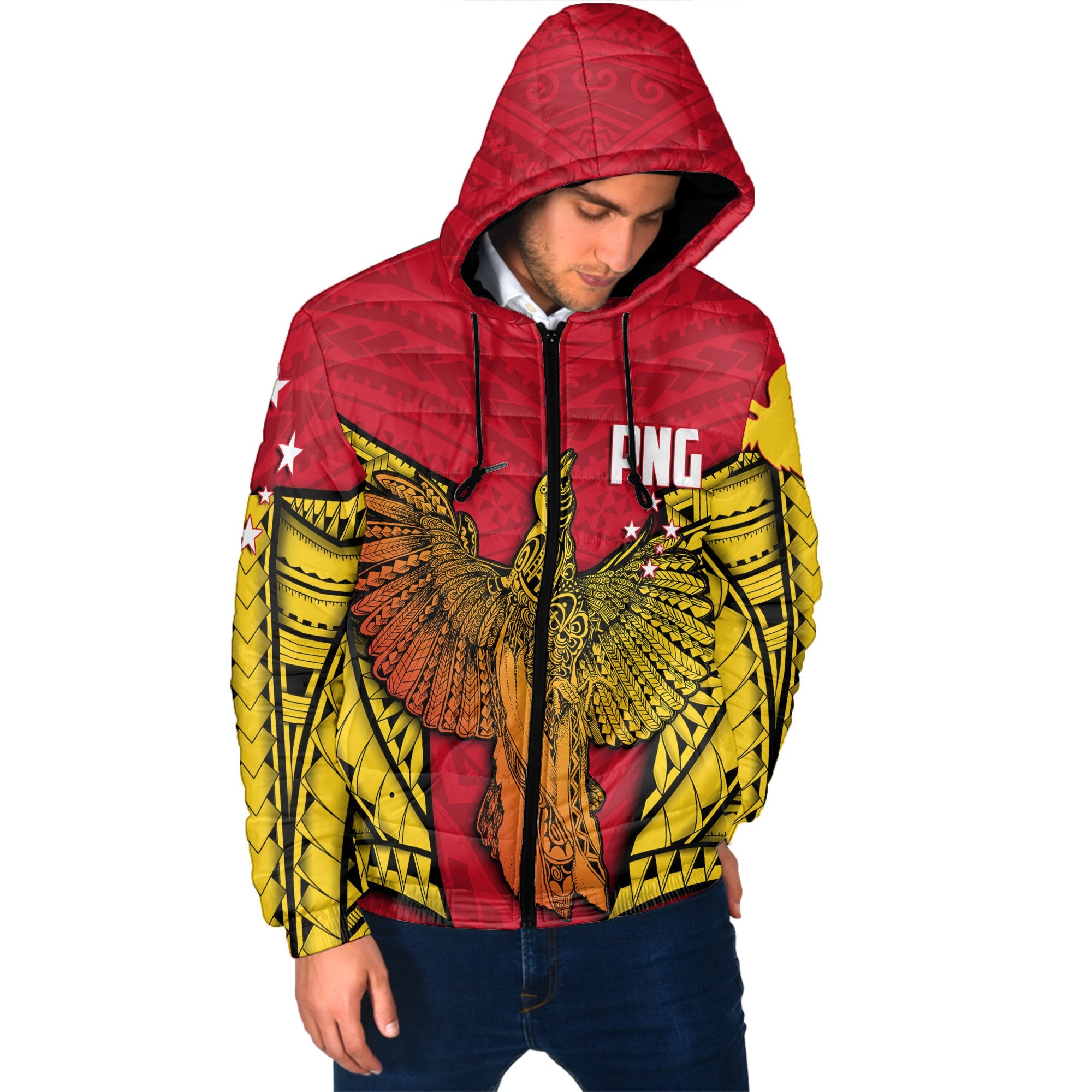 Papua New Guinea Independence Day Men Hooded Padded Jacket Raggiana Bird of Paradise Style