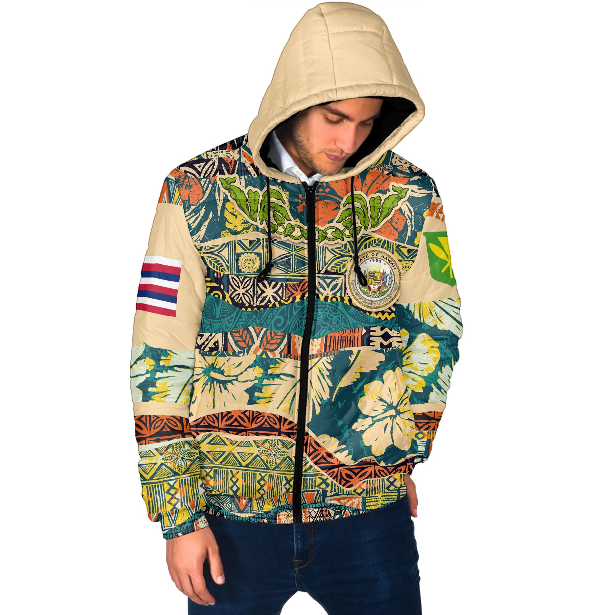 Hawaii Flag Men Hooded Padded Jacket Coat Of Arm Style