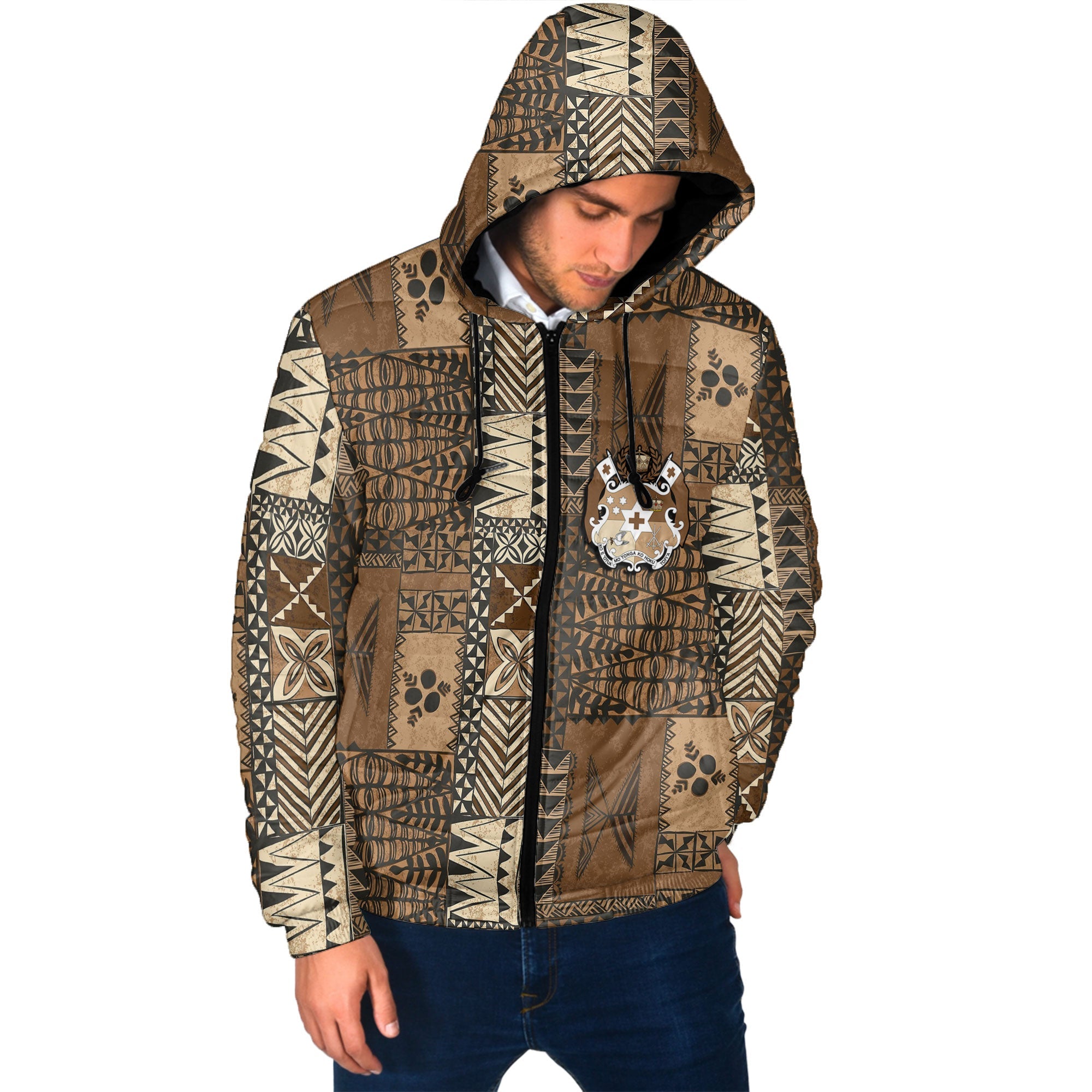 Custom Tonga Men Hooded Padded Jacket Ngatu Tapa Style