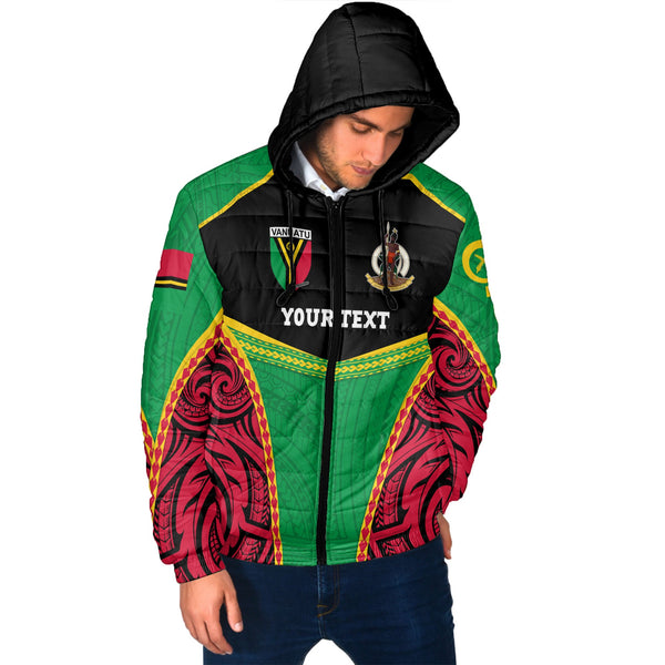 Custom Vanuatu Flag & Coat Of Arms Men Hooded Padded Jacket Black Style