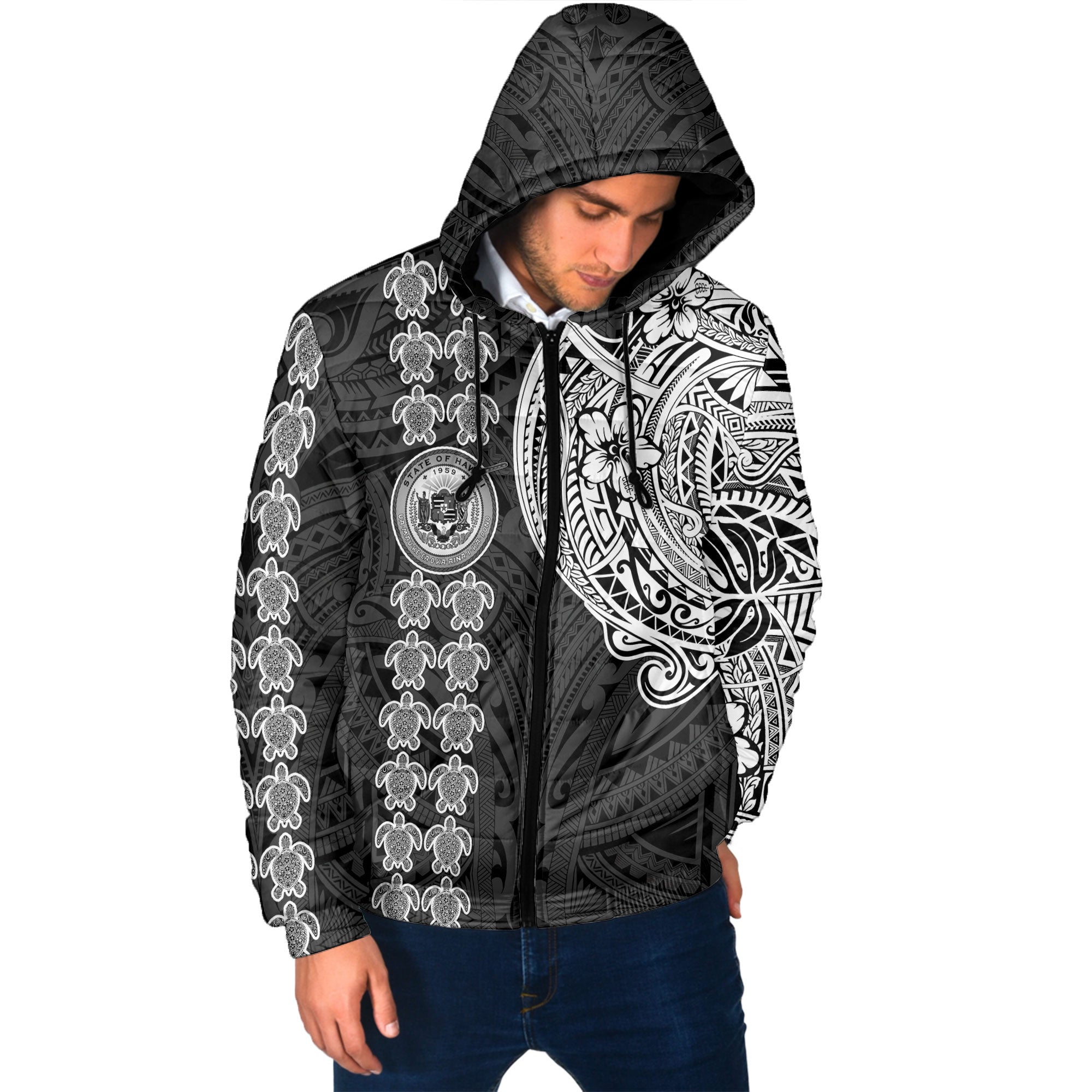 Hawaii Seal Polynesian Turtle Line Men Hooded Padded Jacket