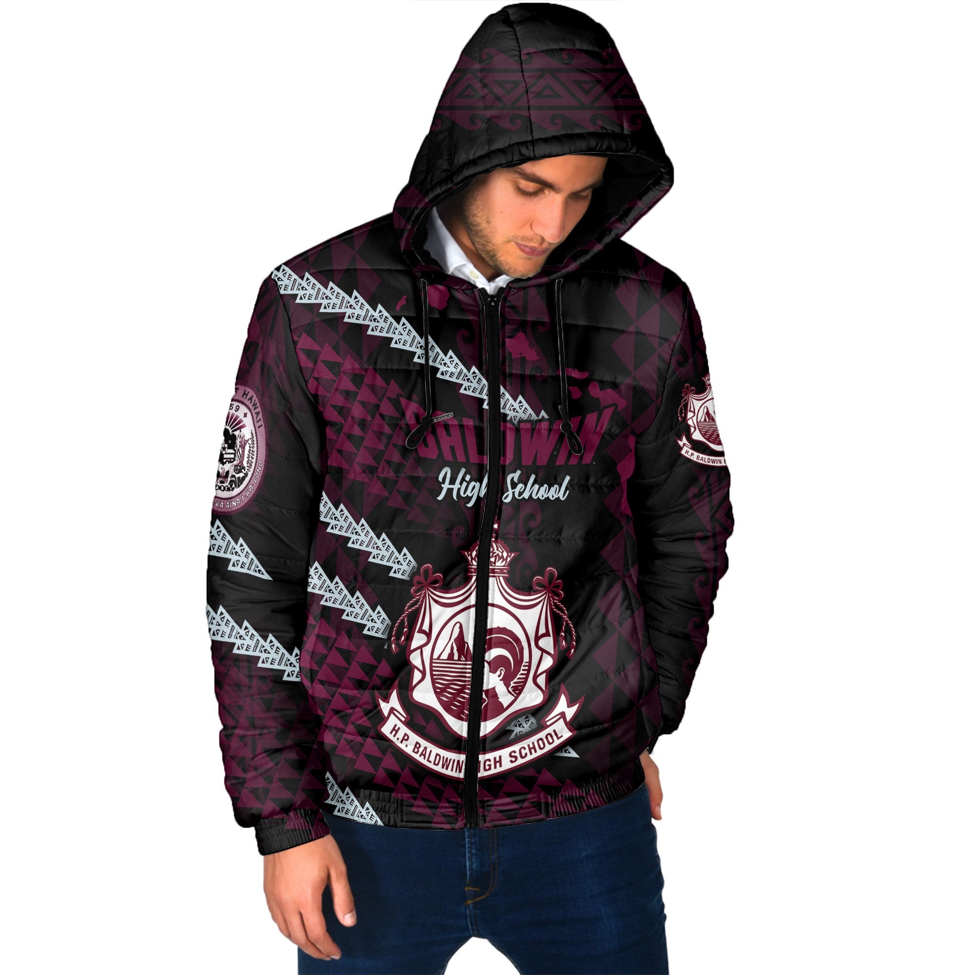 Hawaii Baldwin High School Custom Men Hooded Padded Jacket Map Style