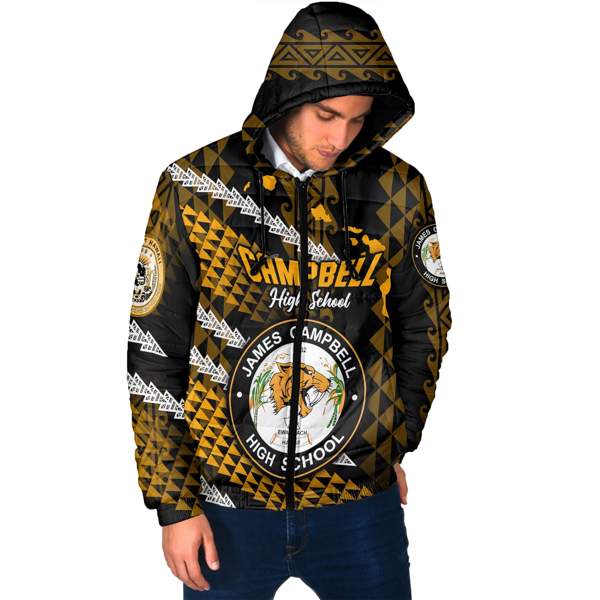 Hawaii James Campbell High School Custom Men Hooded Padded Jacket Map Style