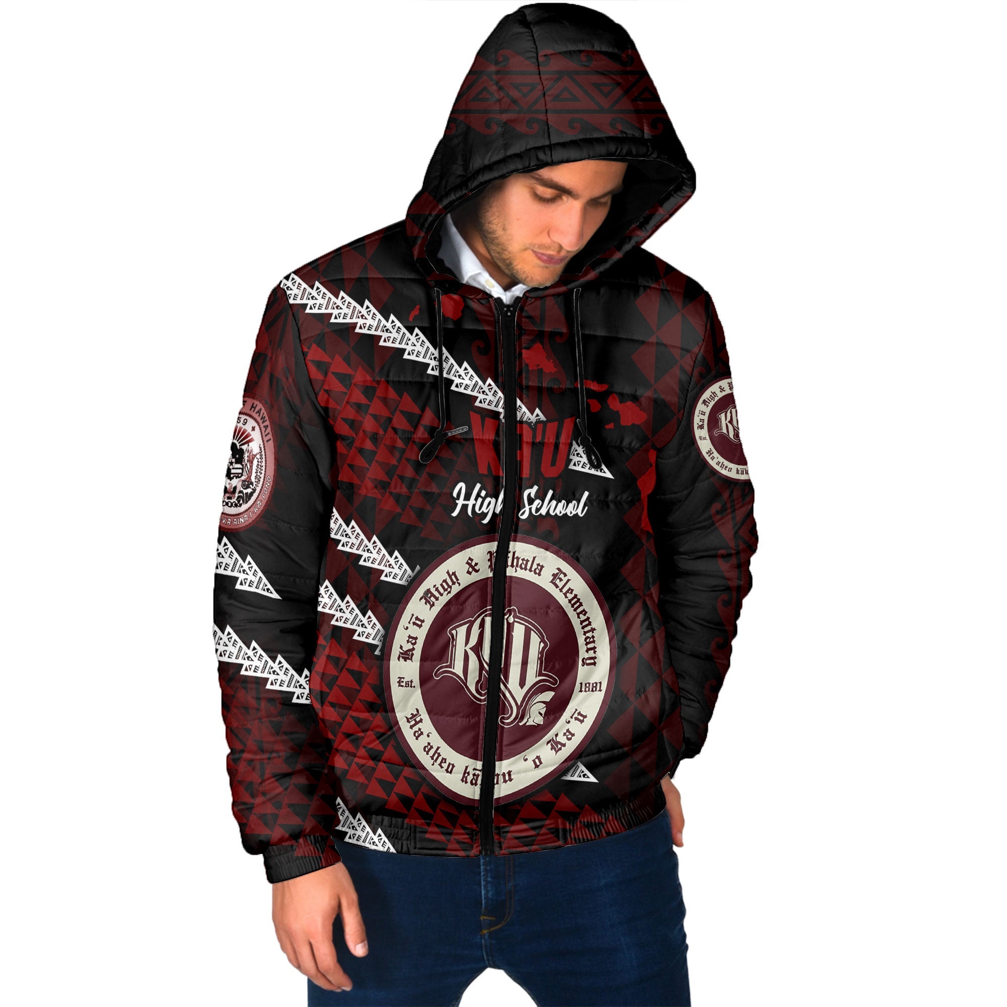 Hawaii Kau High & Pahala Elementary School Custom Men Hooded Padded Jacket Map Style