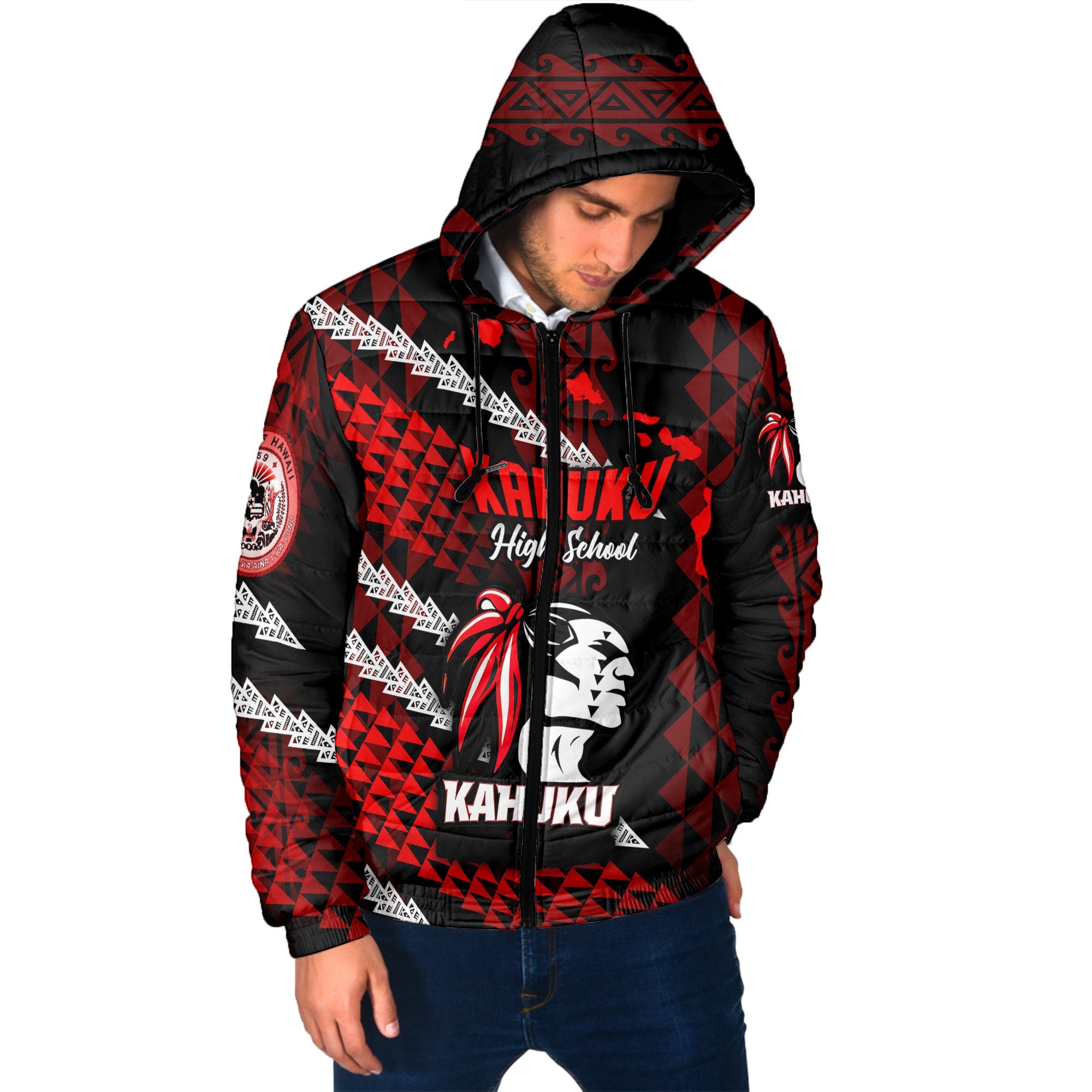 Hawaii Kahuku High & Intermediate School Custom Men Hooded Padded Jacket Map Style