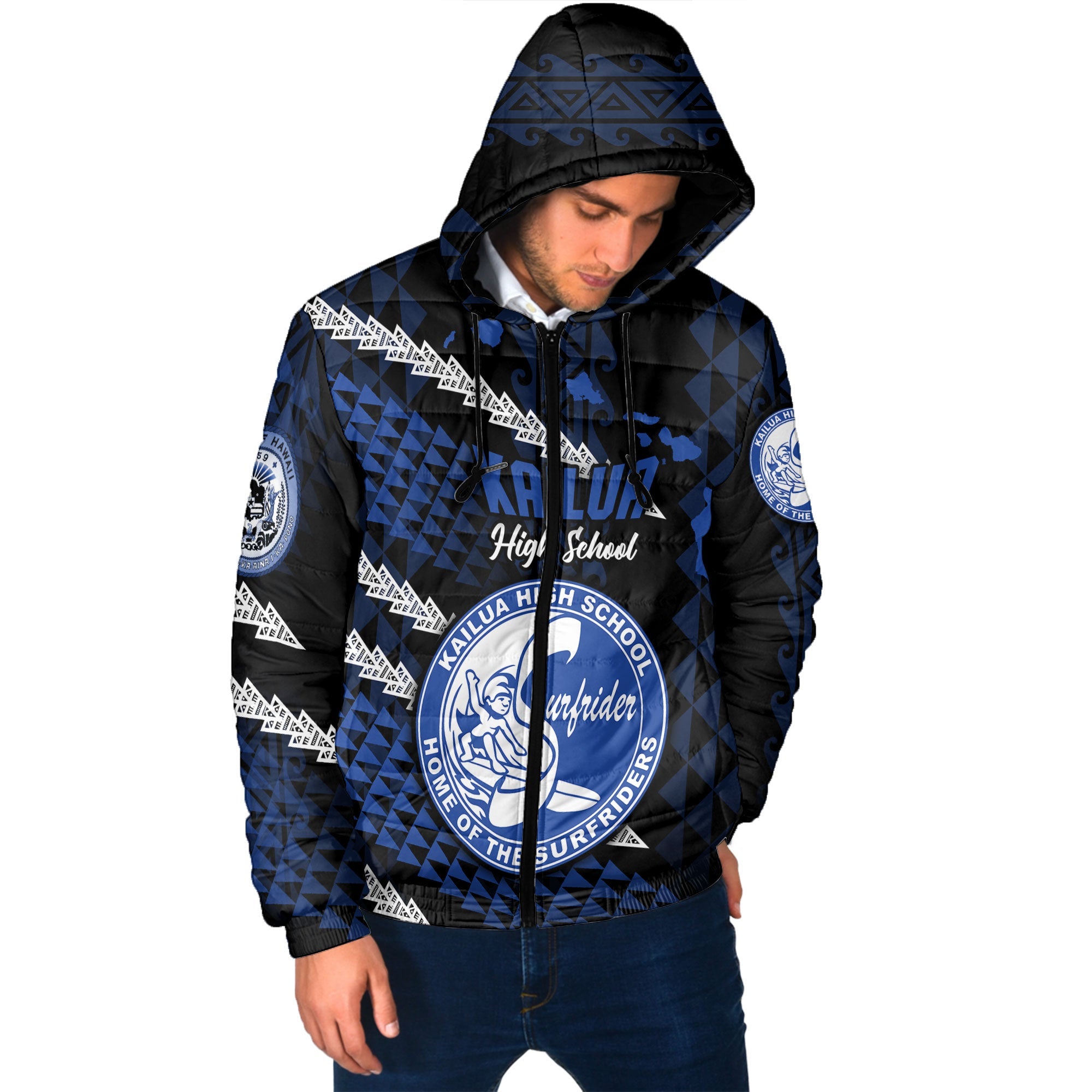 Hawaii Kailua High School Custom Men Hooded Padded Jacket Map Style