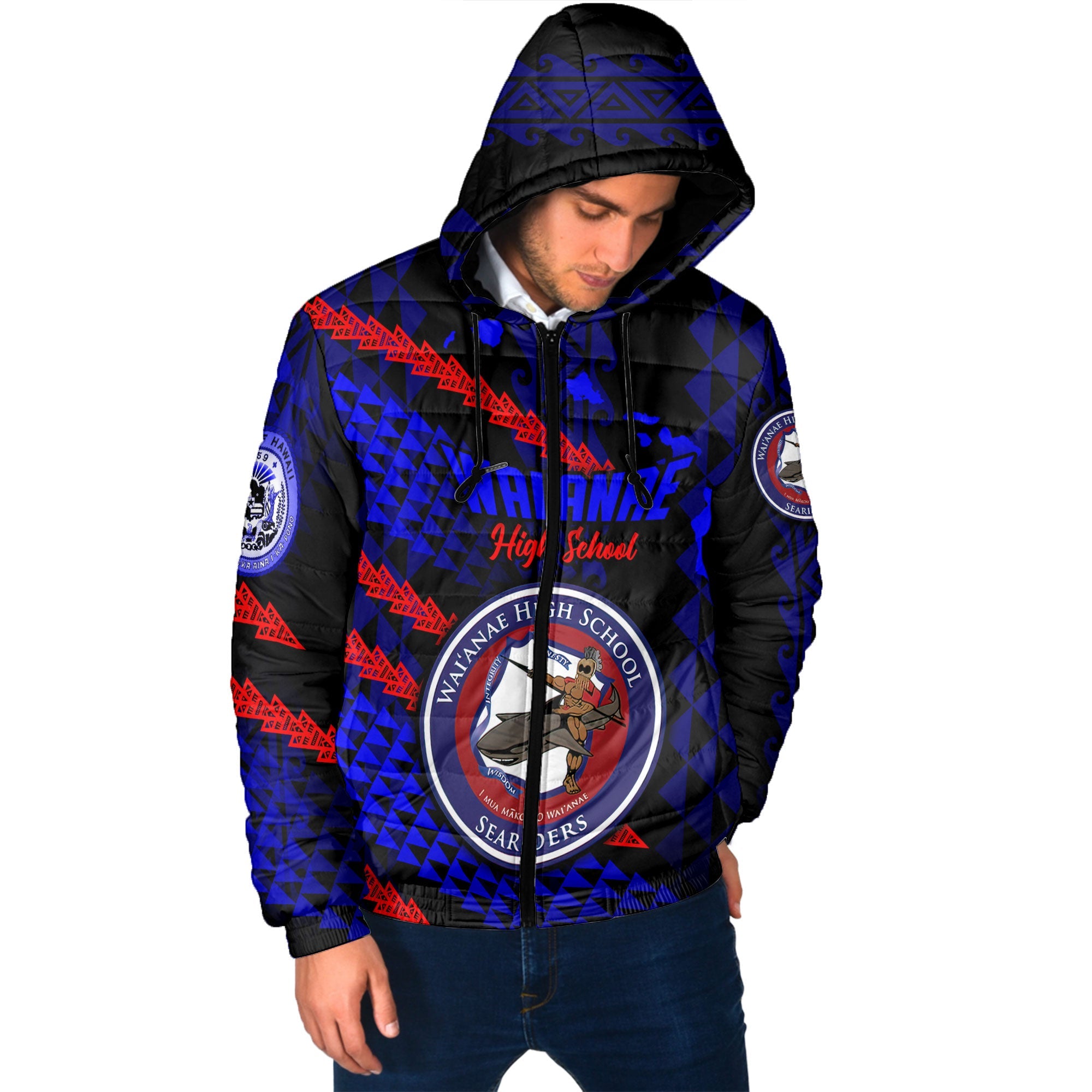 Hawaii Waianae High School Custom Men Hooded Padded Jacket Map Style