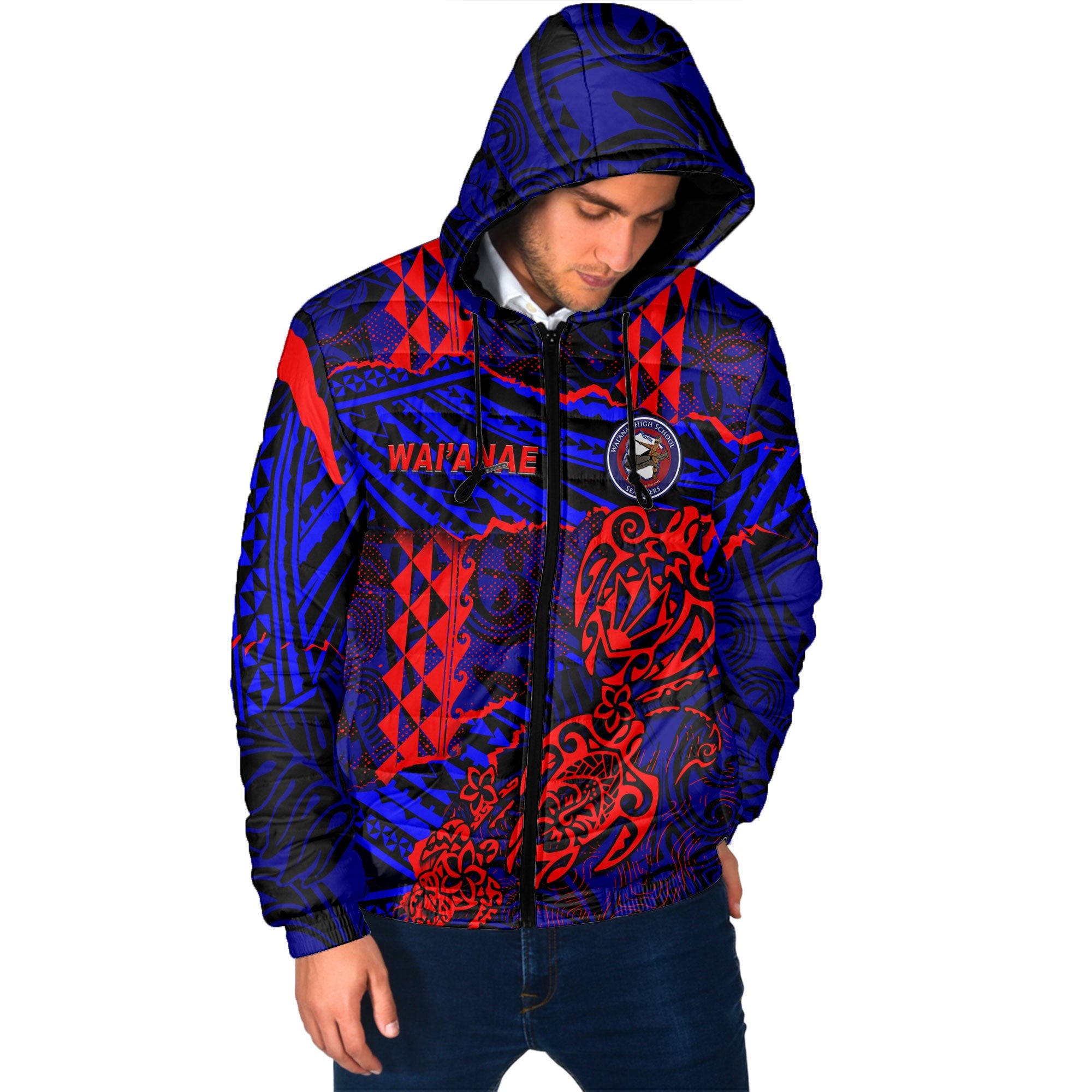 Hawaii Waianae High School Custom Men Hooded Padded Jacket Polynesian Turtle Style