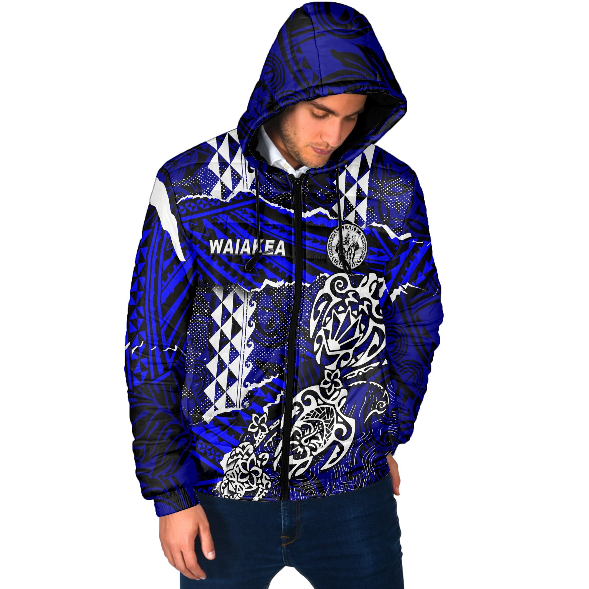 Hawaii Waiakea High School Custom Men Hooded Padded Jacket Polynesian Turtle Style