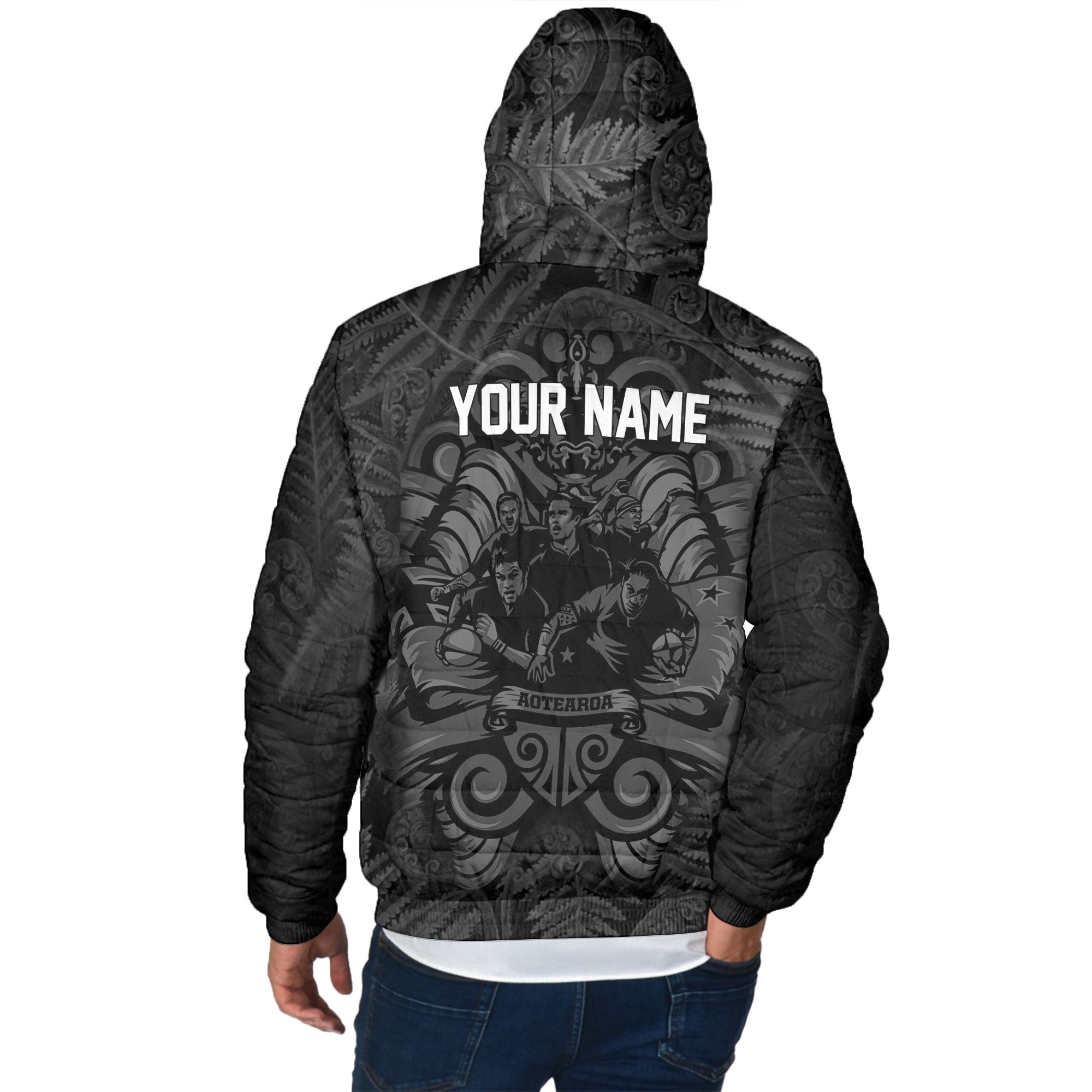 Custom New Zealand Rugby Men Hooded Padded Jacket Silver Fern & Maori Warrior Style