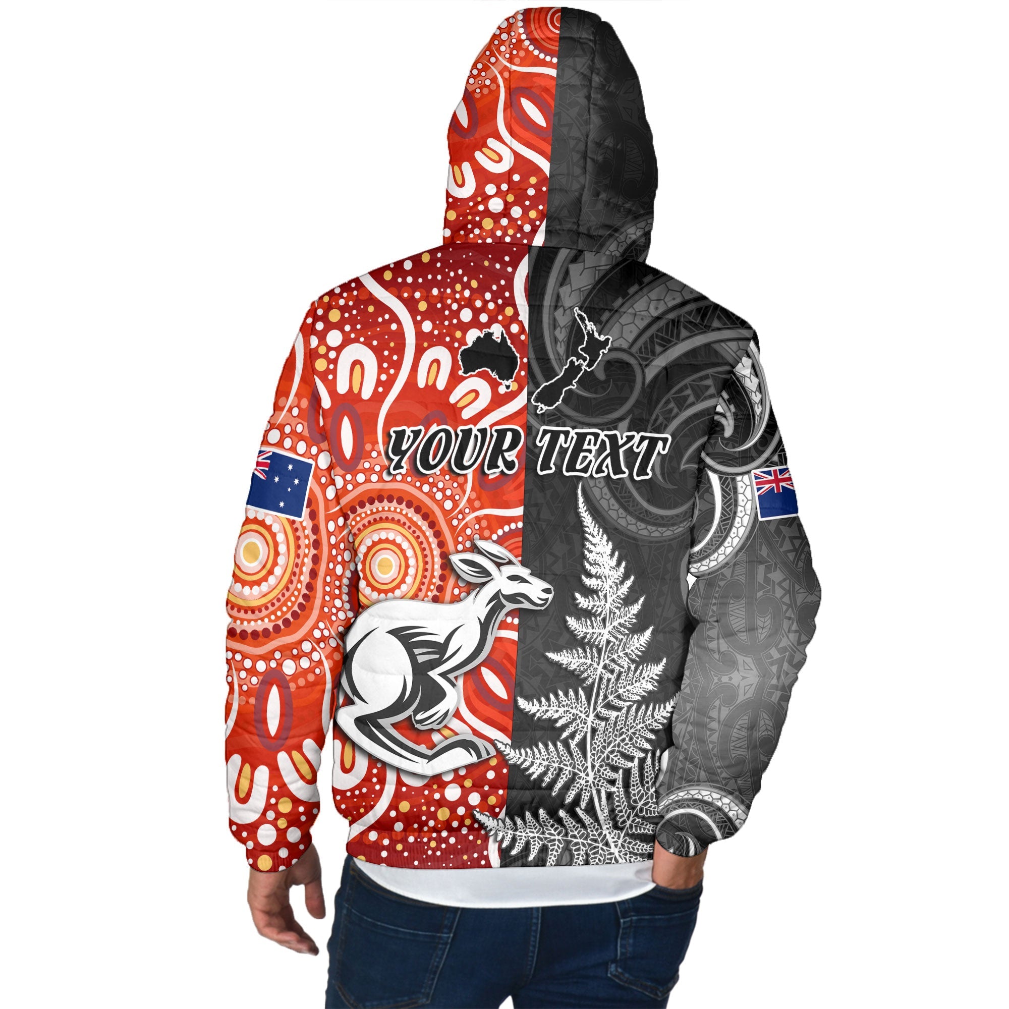 Custom New Zealand Rugby Men Hooded Padded Jacket Aotearoa Silver Fern & Aussie Kangaroo Maori & Aboriginal - LH1