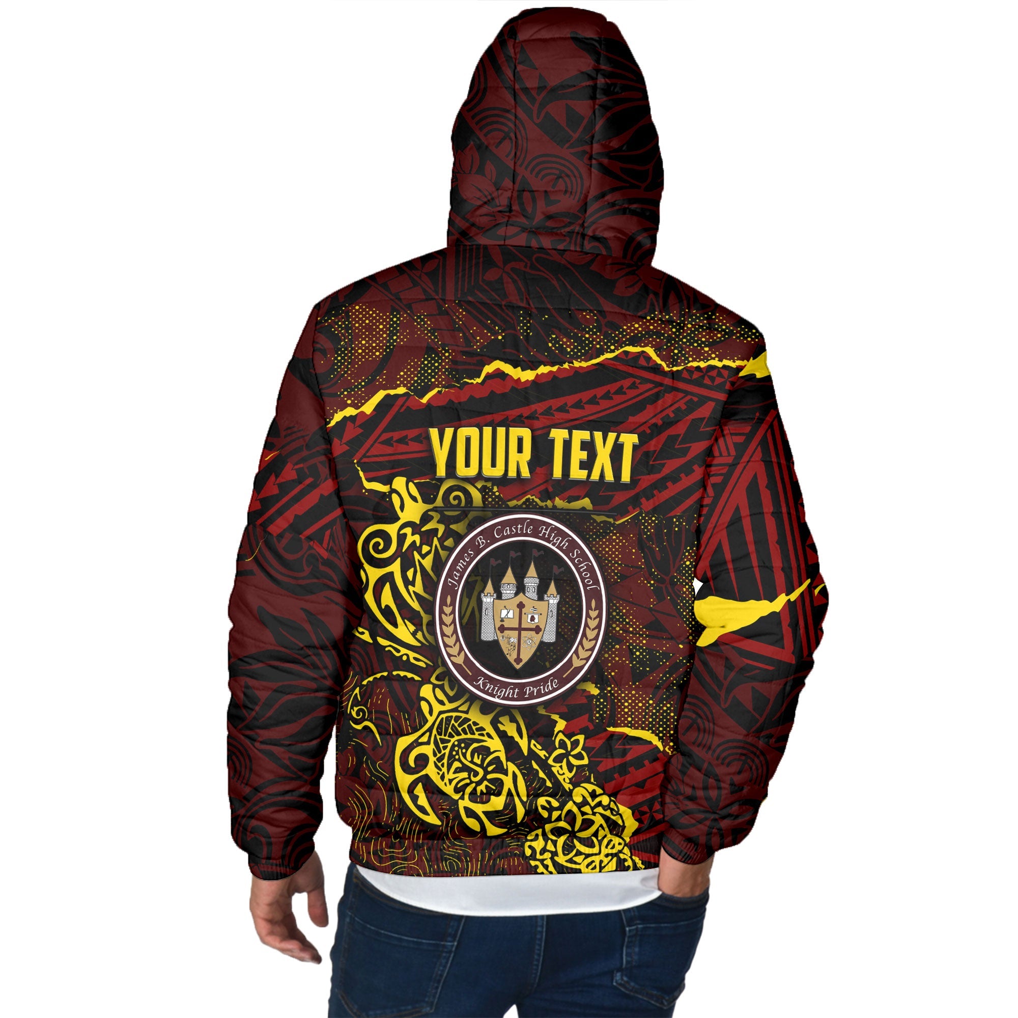 Hawaii Castle High School Custom Men Hooded Padded Jacket Polynesian Turtle Style