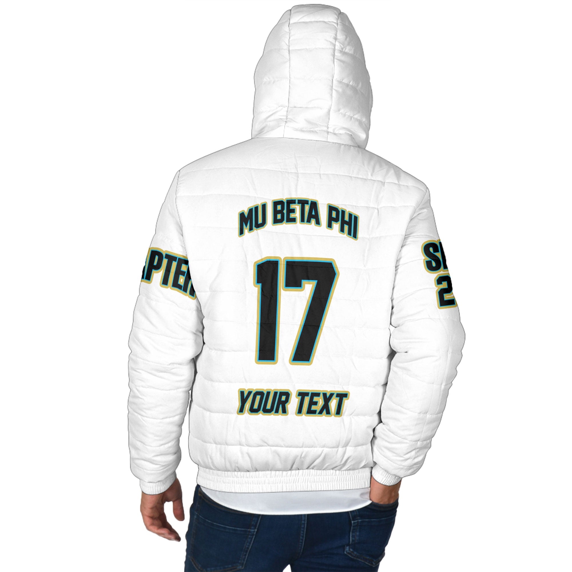 Fraternity Jacket - Personalized Mu Beta Phi Men Hooded Padded Jacket Original White Style