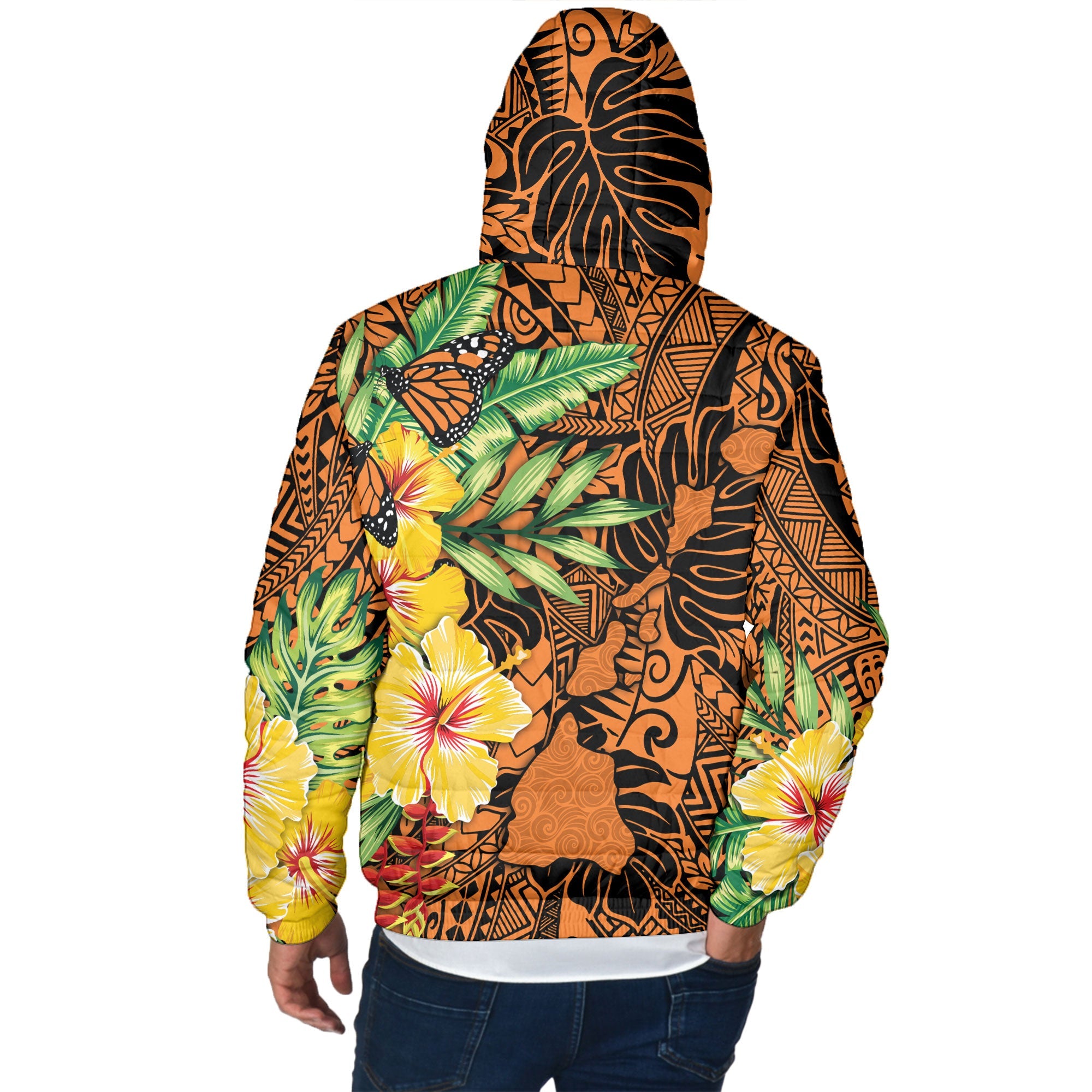 Hawaii Men Hooded Padded Jacket Kamehameha Butterfly Tropical Style