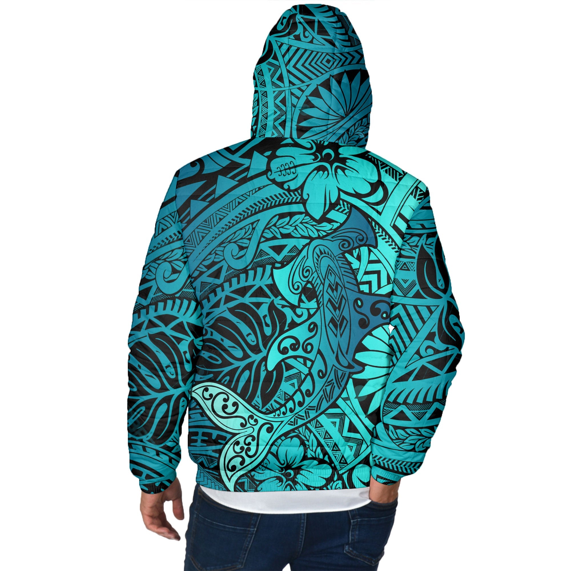 Hawaii Hammerhead Shark Men Hooded Padded Jacket Light See Blue Style