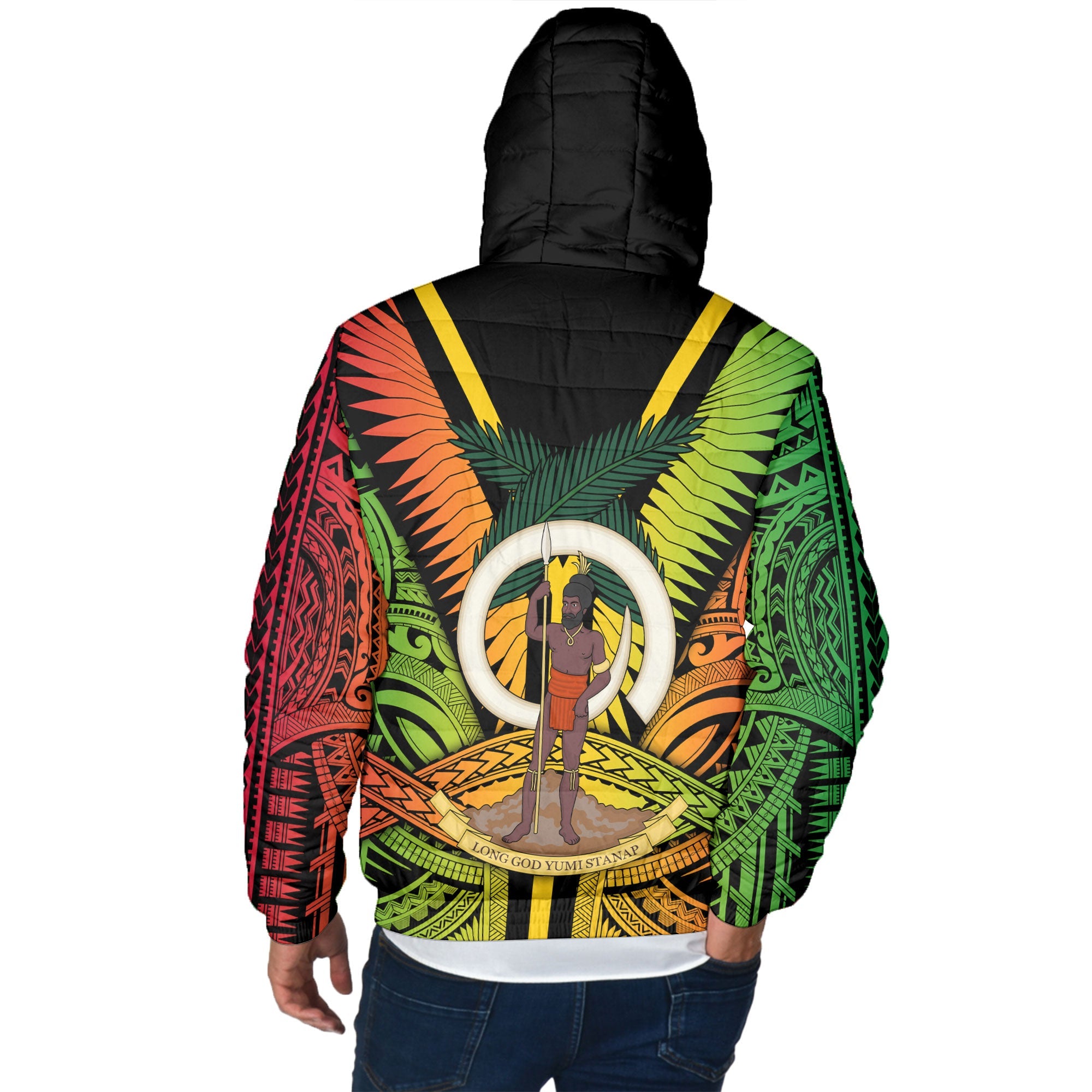 Vanuatu Men Hooded Padded Jacket Coat Of Arms Reggae Style