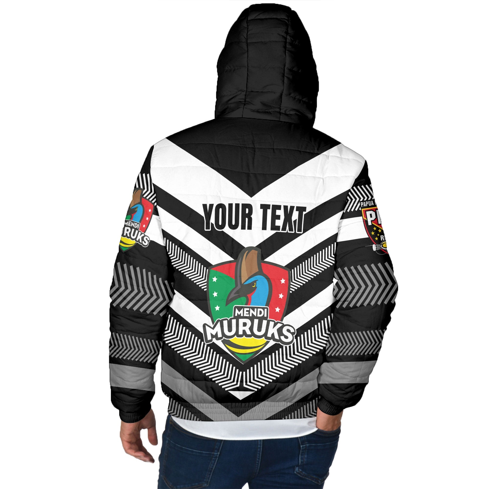 Custom Mendi Muruks Men Hooded Padded Jacket Papua New Guinea Rugby Black & White Style