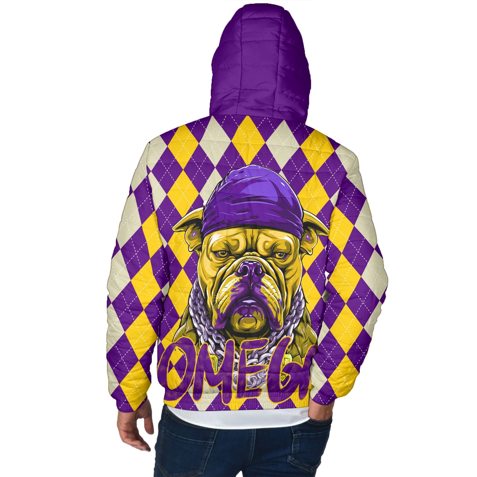 Fraternity Jacket - OPP Christmas Men Hooded Padded Jacket Bulldog Purple Gold Caro Pattern Style