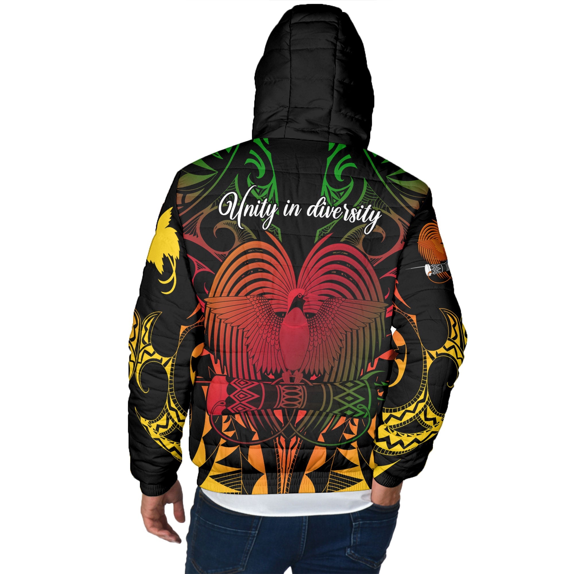 Papua New Guinea Men Hooded Padded Jacket Unity In Diversity Motto